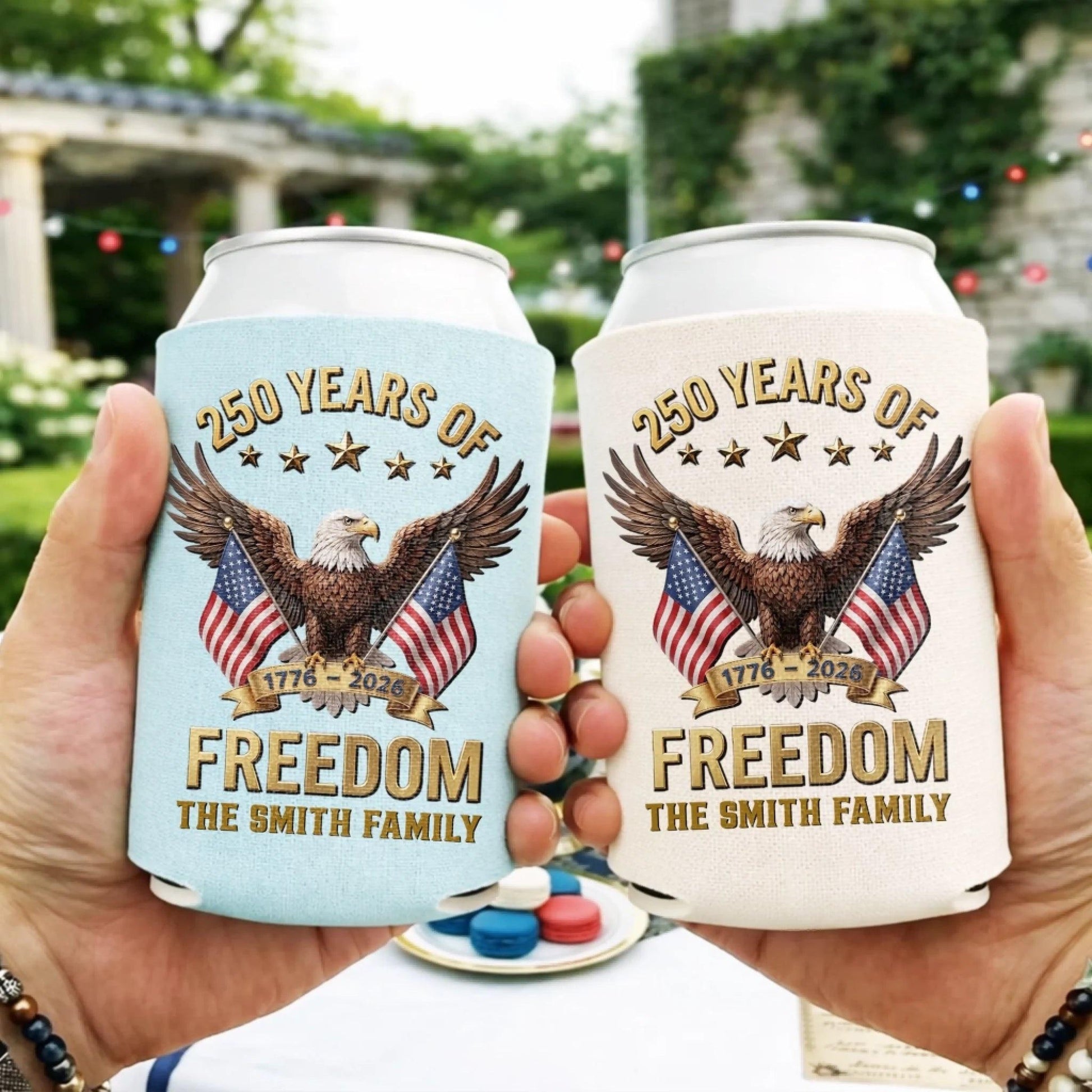 Personalized Can Cooler Sleeve 250th Anniversary USA, Custom Family Name Beer Koozie, Patriotic Freedom Gift 4th of July 2026