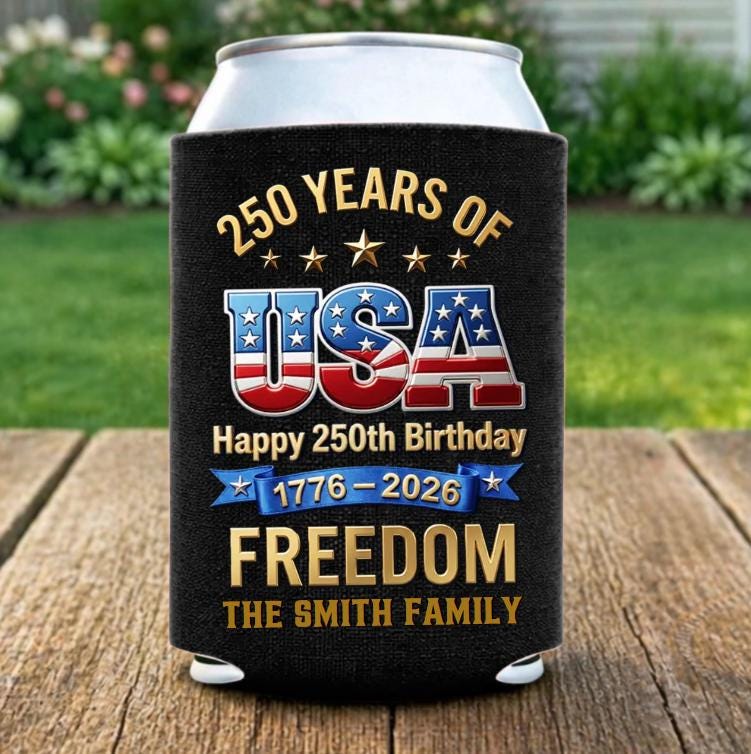 Personalized Can Cooler Sleeve 250th Anniversary USA, Custom Family Name Beer Koozie, Patriotic Freedom Gift 4th of July 2026