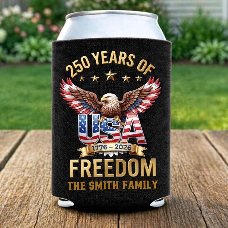 Personalized Can Cooler Sleeve 250th Anniversary USA, Custom Family Name Beer Koozie, Patriotic Freedom Gift 4th of July 2026