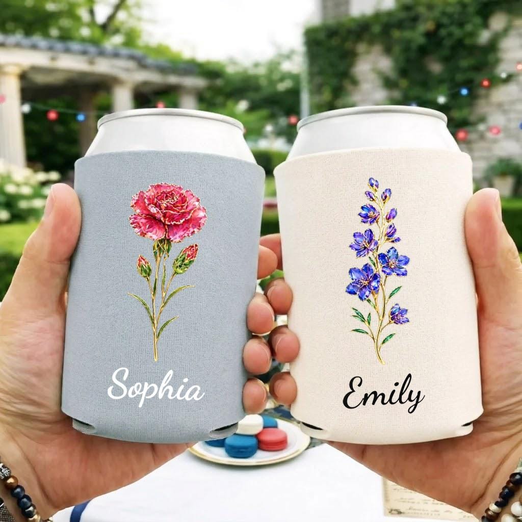Personalized Name Can Cooler Sleeve, Custom Floral Gift for Best Friend, Sister, Birthday Gift for Women, BFF Gift Idea