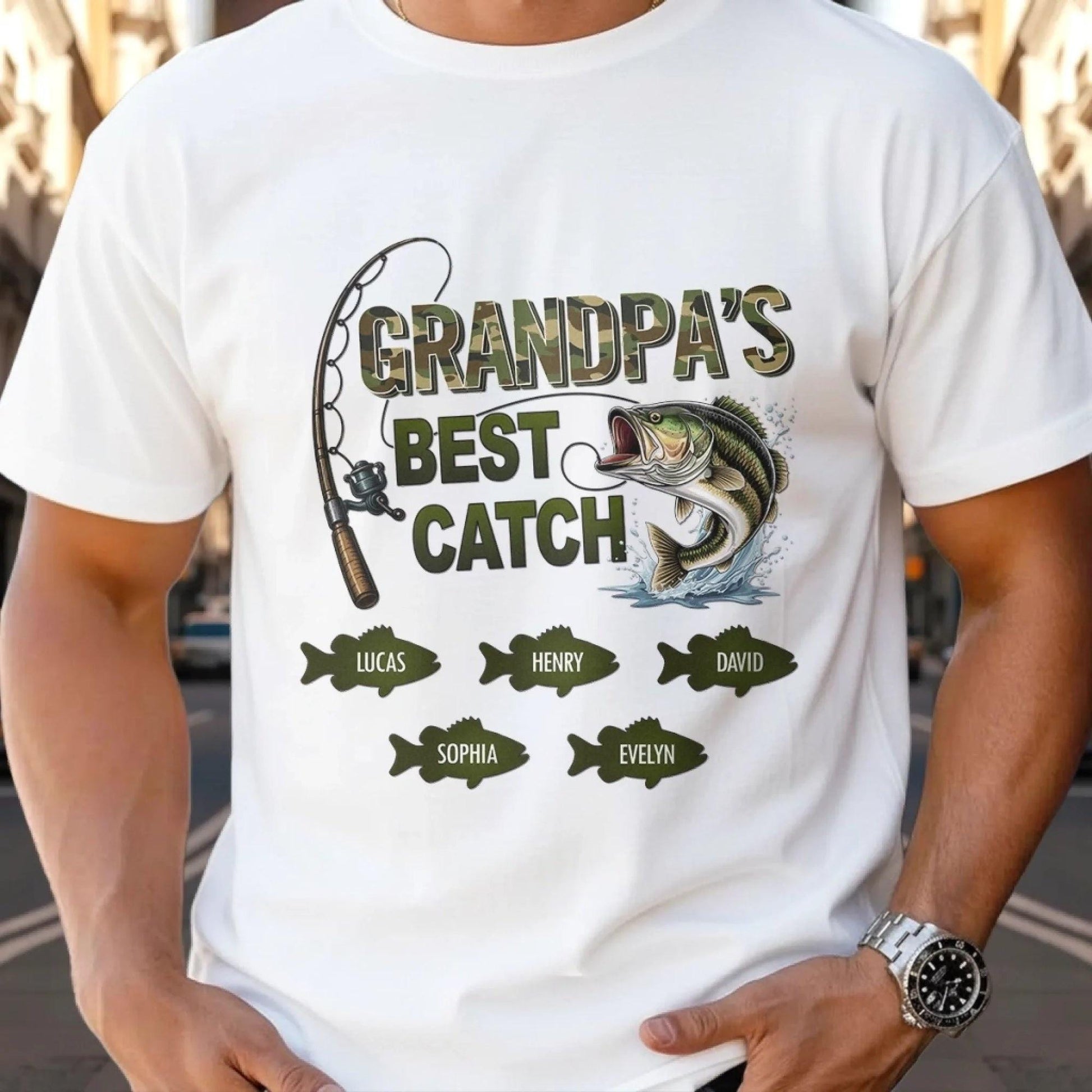 Personalized Grandpa Fishing Shirt, Best Catch Ever Custom Name Gift for Dad, Fisherman Gift, Fathers Day Grandpa Shirt