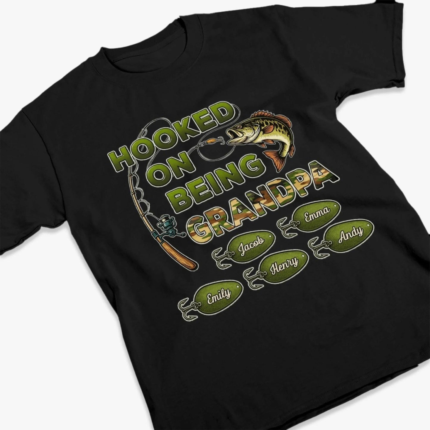 Personalized Grandpa Fishing Shirt, Hooked On Being Grandpa Tee, Custom Kids Names T Shirt, Gift For Grandpa Fisherman Fathers Day