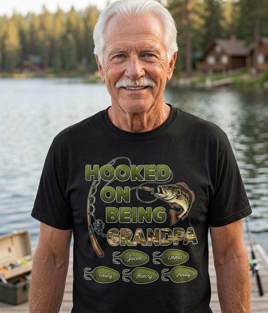 Personalized Grandpa Fishing Shirt, Hooked On Being Grandpa Tee, Custom Kids Names T Shirt, Gift For Grandpa Fisherman Fathers Day