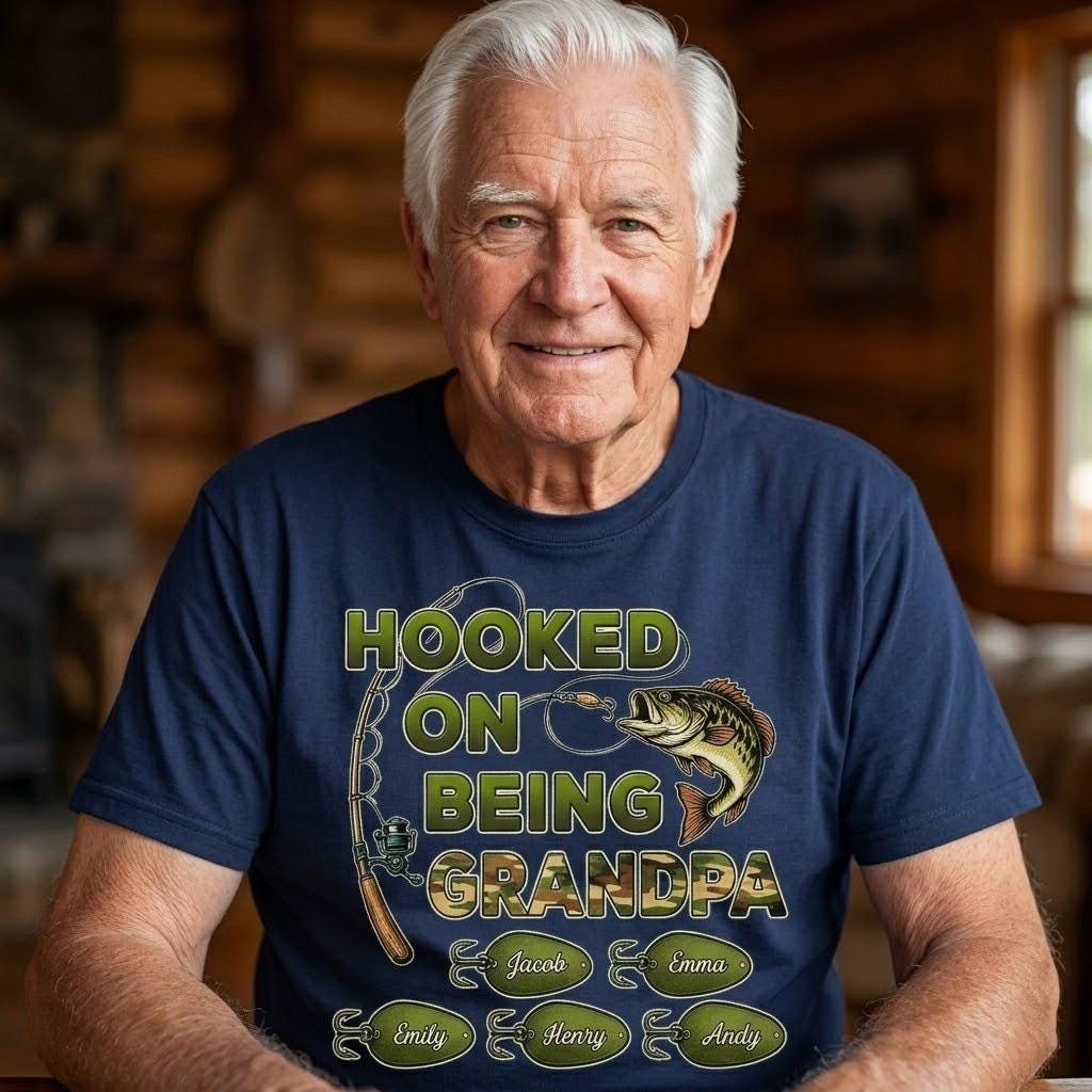 Personalized Grandpa Fishing Shirt, Hooked On Being Grandpa Tee, Custom Kids Names T Shirt, Gift For Grandpa Fisherman Fathers Day