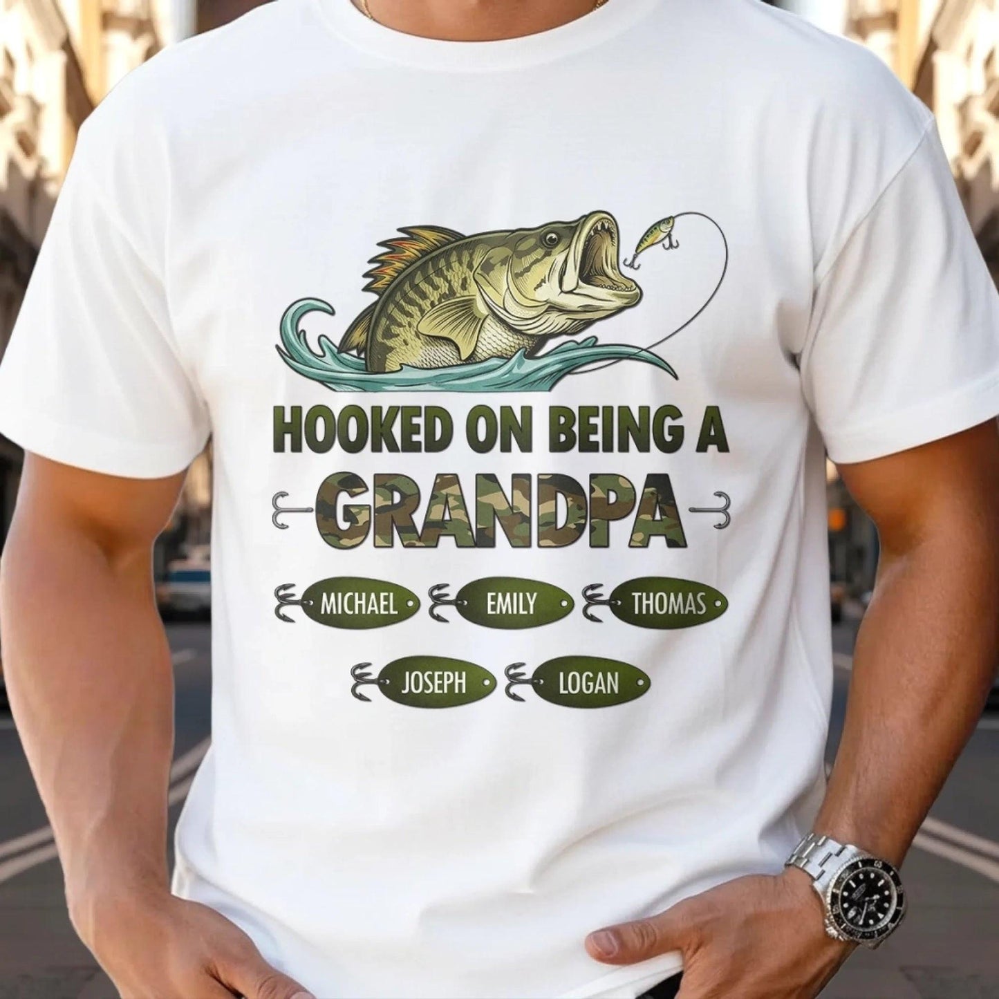 Personalized Grandpa Fishing Shirt, Hooked On Being A Grandpa Tee, Custom Kids Names Shirt, Fathers Day Gift For Grandpa Fisherman