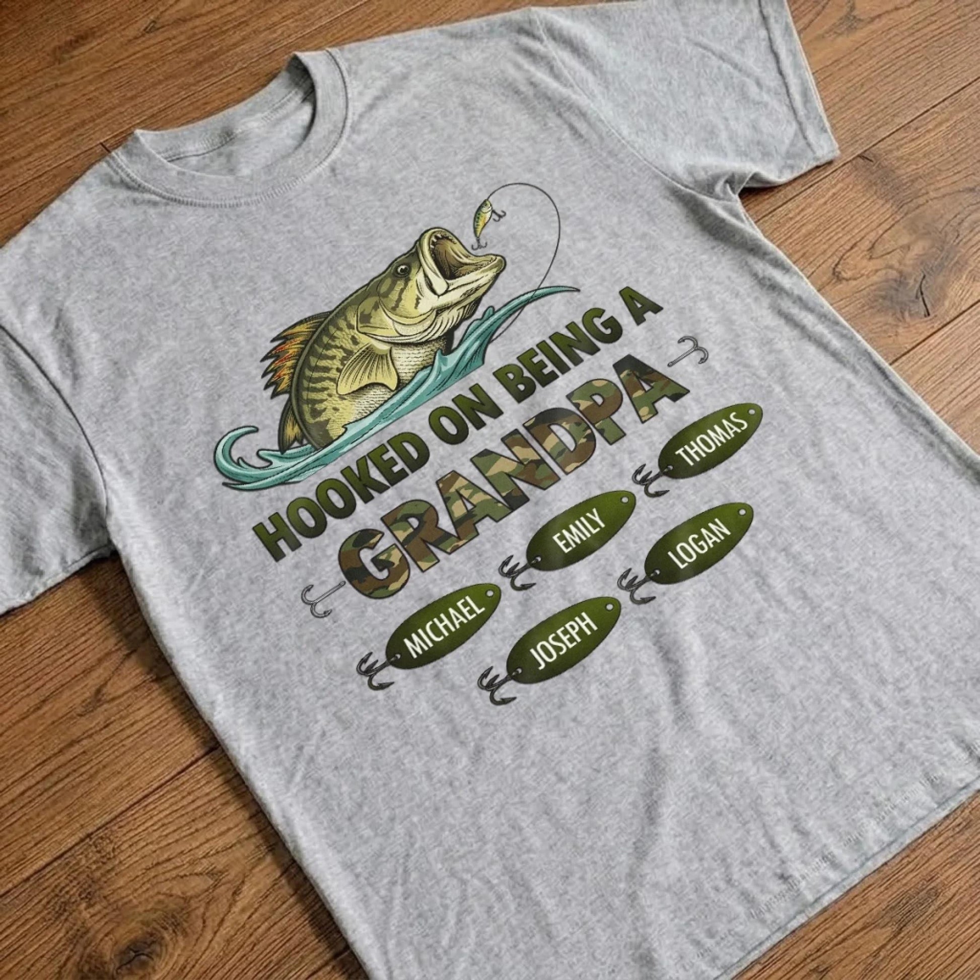 Personalized Grandpa Fishing Shirt, Hooked On Being A Grandpa Tee, Custom Kids Names Shirt, Fathers Day Gift For Grandpa Fisherman
