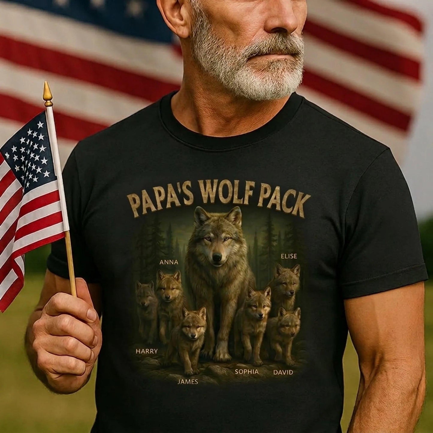 Personalized Papa Wolf Pack Shirt, Custom Dad Grandpa Gift From Kids, Family Names Shirt, Fathers Day Gift For Dad Birthday Tee