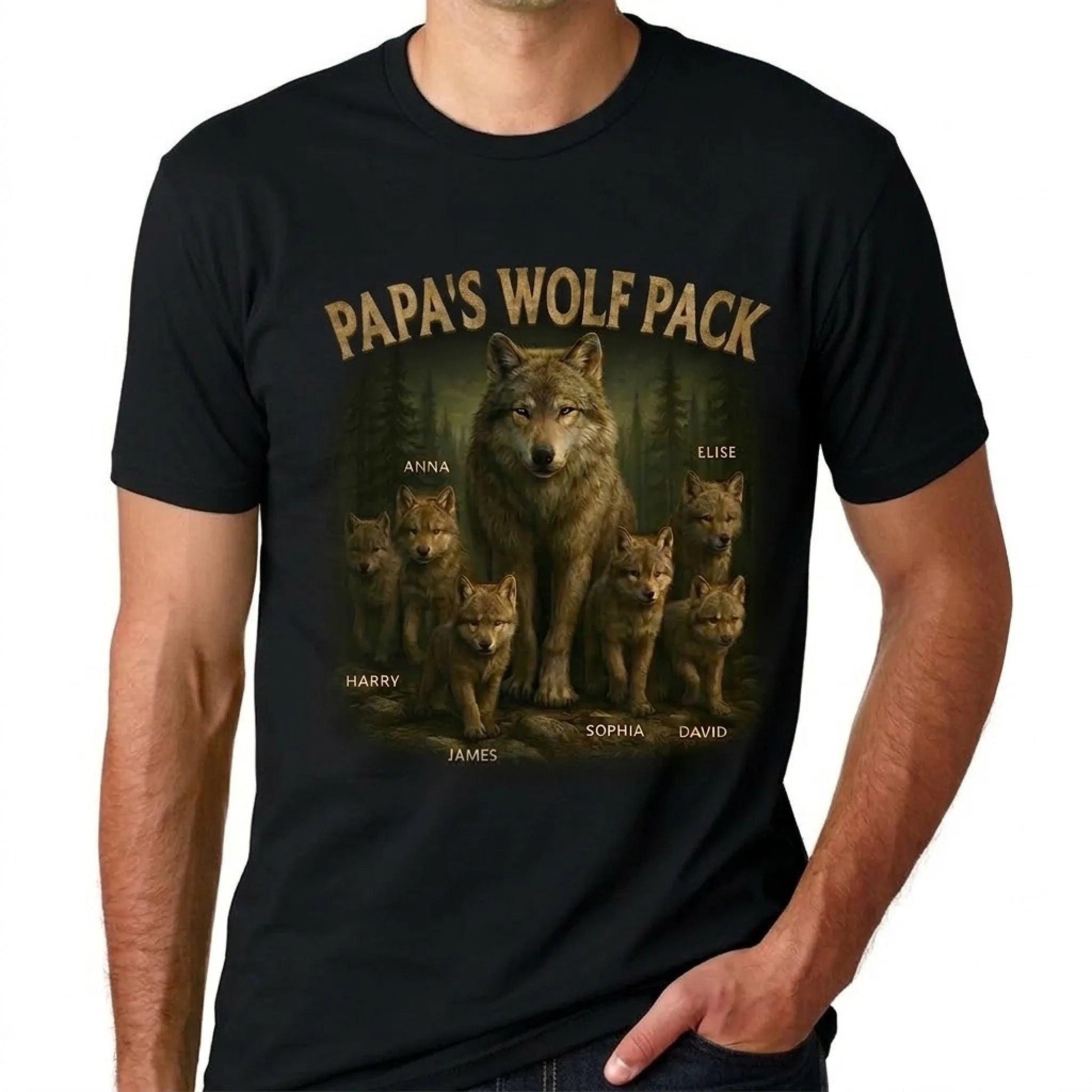 Personalized Papa Wolf Pack Shirt, Custom Dad Grandpa Gift From Kids, Family Names Shirt, Fathers Day Gift For Dad Birthday Tee
