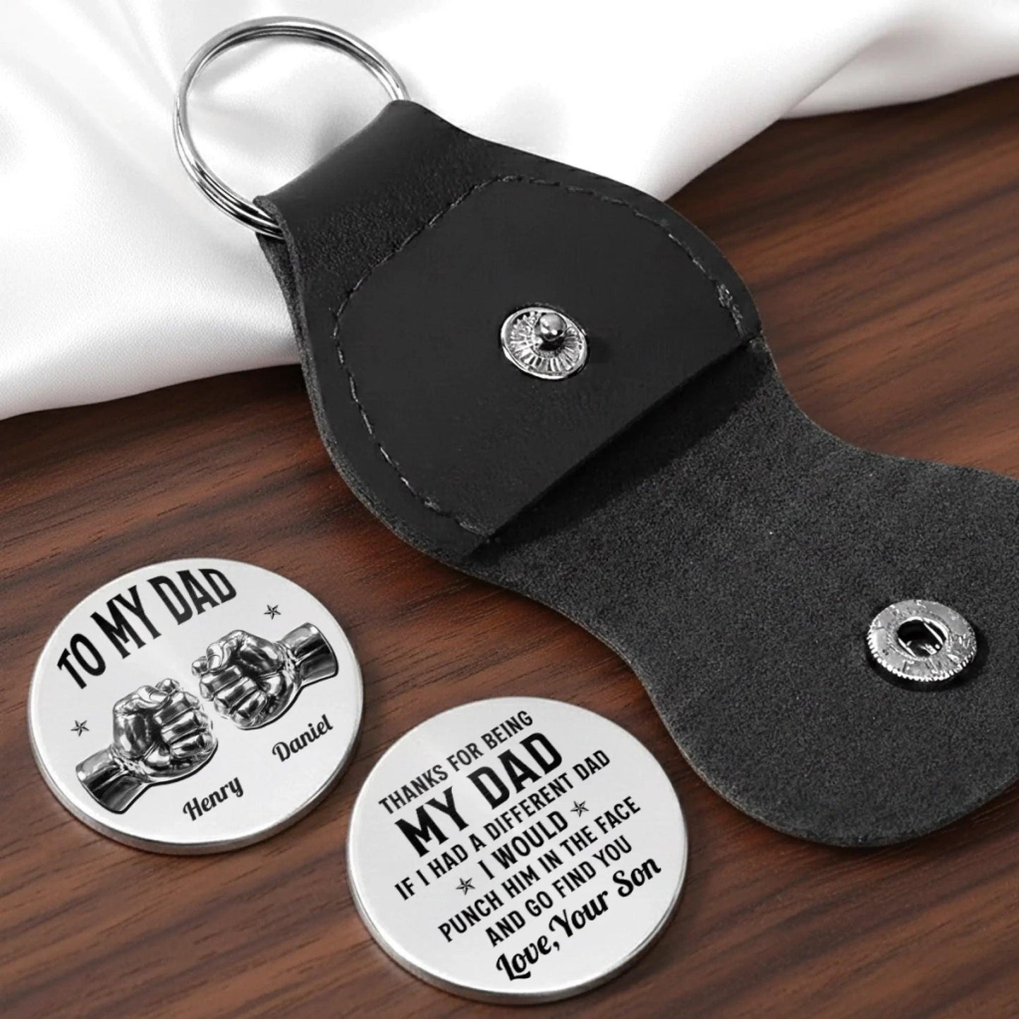 Pocket Hug for Dad from Son, Personalized Dad Gift, Fathers Day Gift Dad Birthday Gift, Small Keepsake Token in Leather Keychain