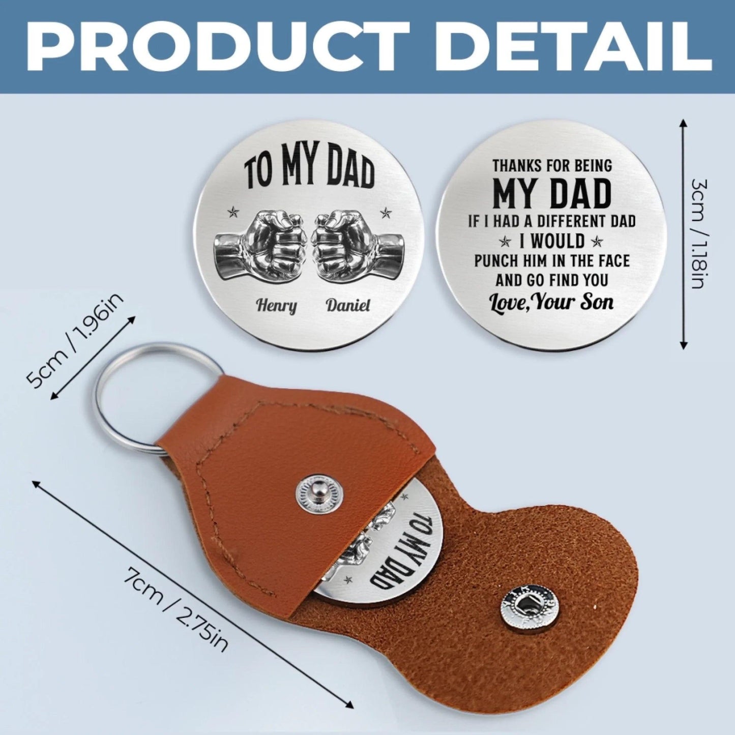 Pocket Hug for Dad from Son, Personalized Dad Gift, Fathers Day Gift Dad Birthday Gift, Small Keepsake Token in Leather Keychain
