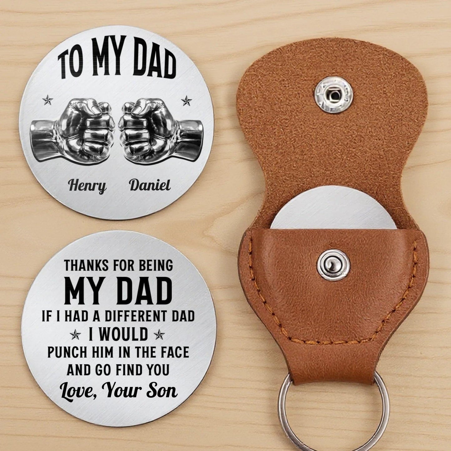 Pocket Hug for Dad from Son, Personalized Dad Gift, Fathers Day Gift Dad Birthday Gift, Small Keepsake Token in Leather Keychain