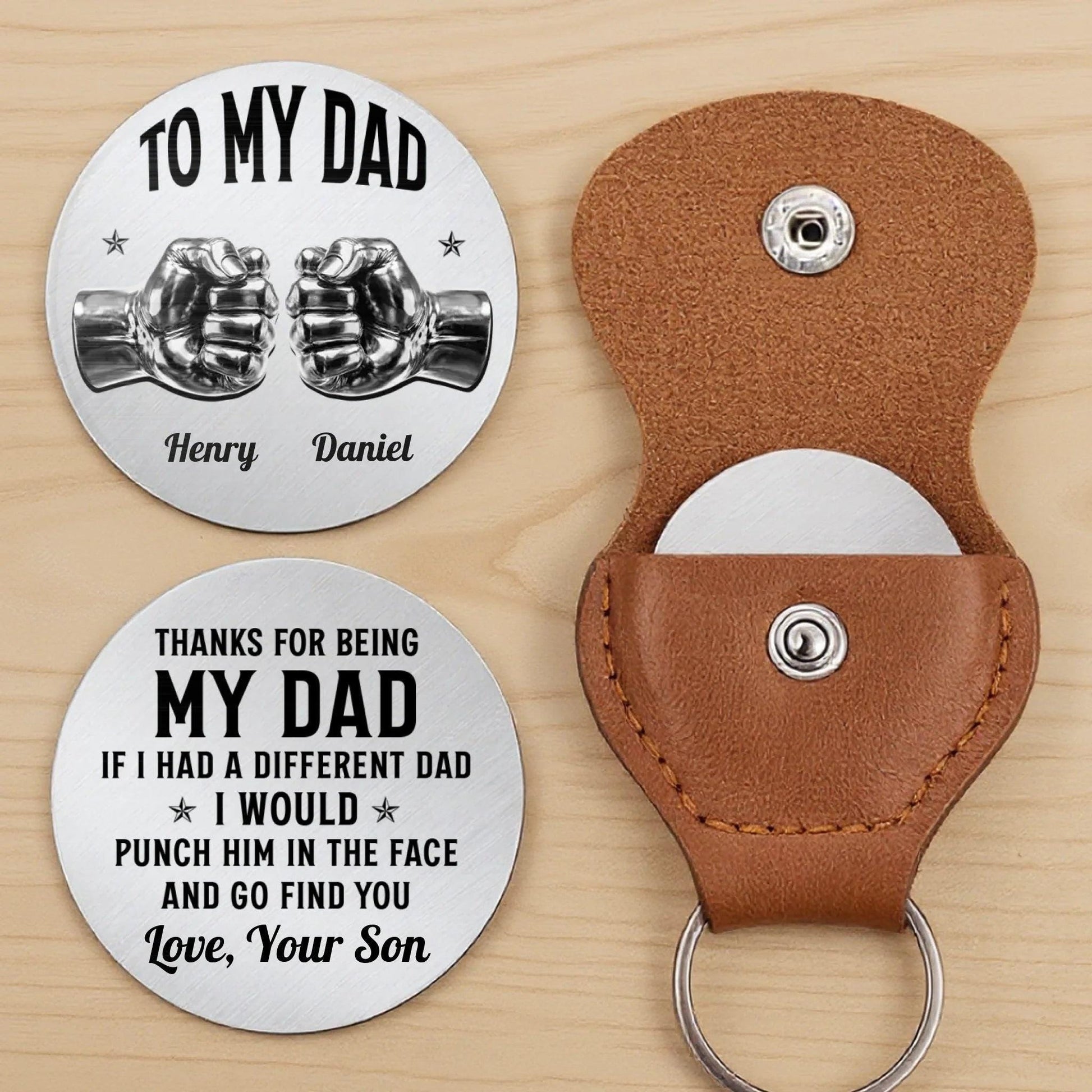 Pocket Hug for Dad from Son, Personalized Dad Gift, Fathers Day Gift Dad Birthday Gift, Small Keepsake Token in Leather Keychain