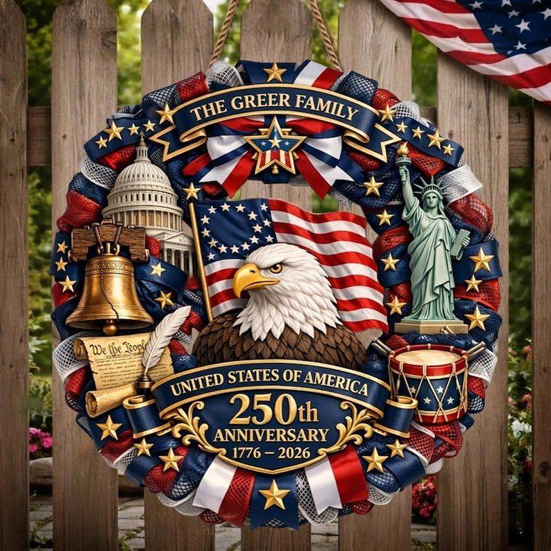 Patriotic Wreath USA 250th Anniversary 1776-2026, American Eagle Door Hanger, Semiquincentennial Decor, Custom Family Front Door Decor