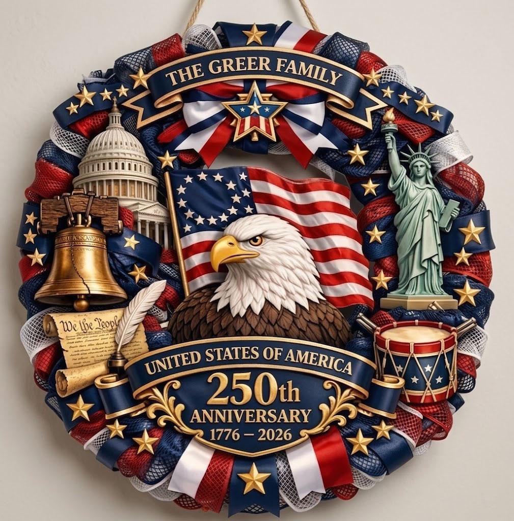Patriotic Wreath USA 250th Anniversary 1776-2026, American Eagle Door Hanger, Semiquincentennial Decor, Custom Family Front Door Decor
