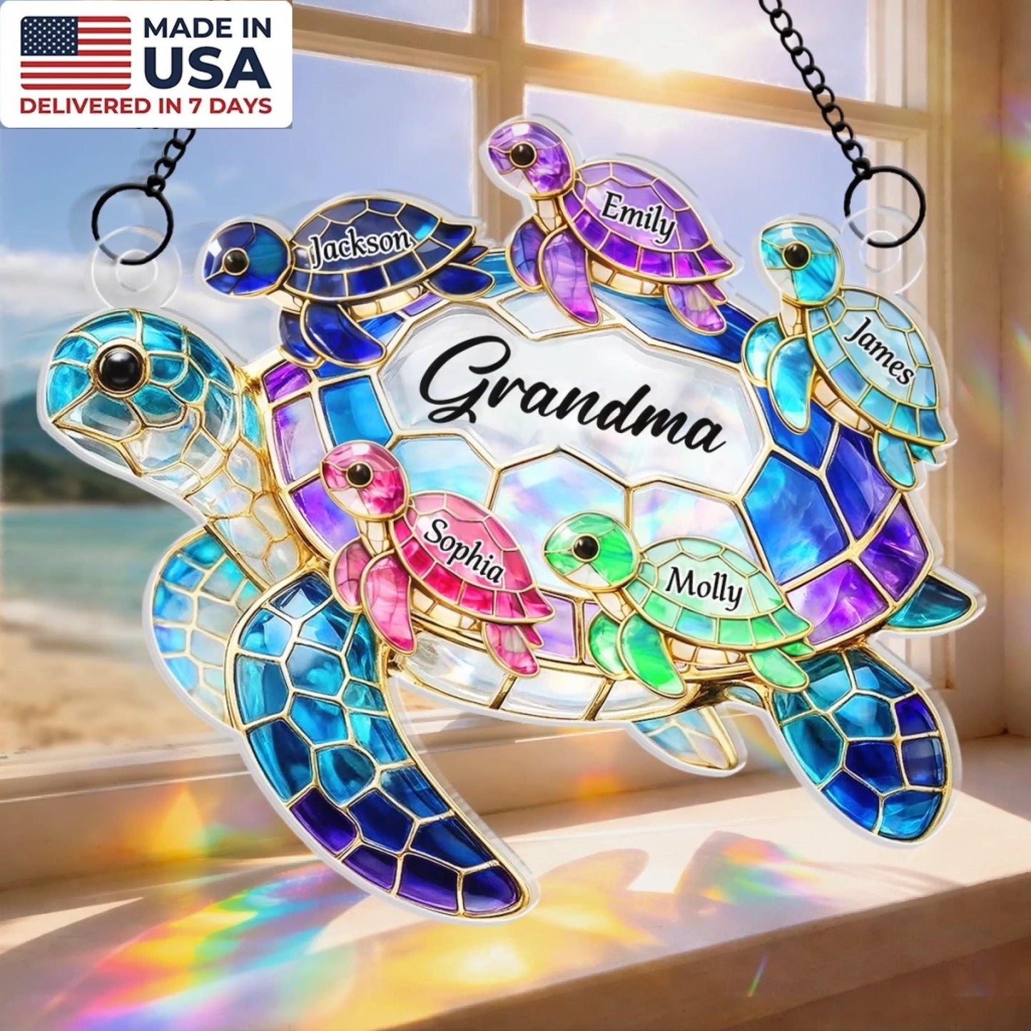 Personalized Turtle Suncatcher, Grandma Gift with Grandkids Names, Custom Window Hanging Ornament, Mothers Day Gift for Mom