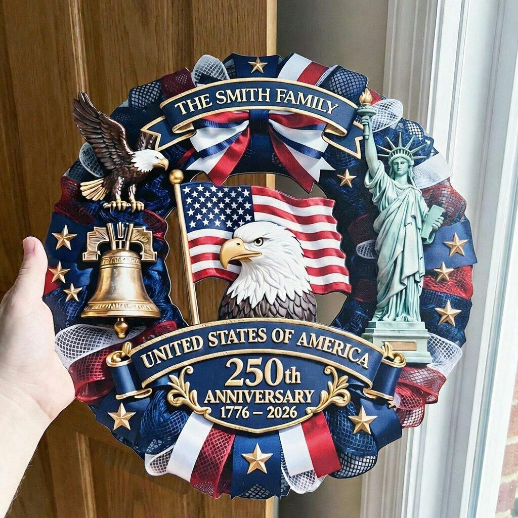 Personalized America 250th Anniversary Wreath 1776-2026 Patriotic Door Sign Custom Family Name USA Decor 4th of July Gift