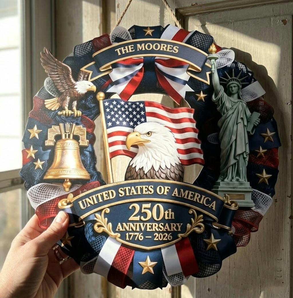 Personalized America 250th Anniversary Wreath 1776-2026 Patriotic Door Sign Custom Family Name USA Decor 4th of July Gift