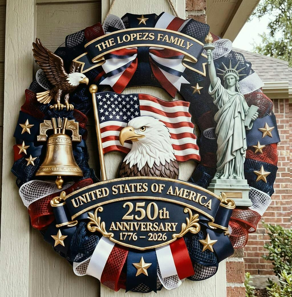 Personalized America 250th Anniversary Wreath 1776-2026 Patriotic Door Sign Custom Family Name USA Decor 4th of July Gift
