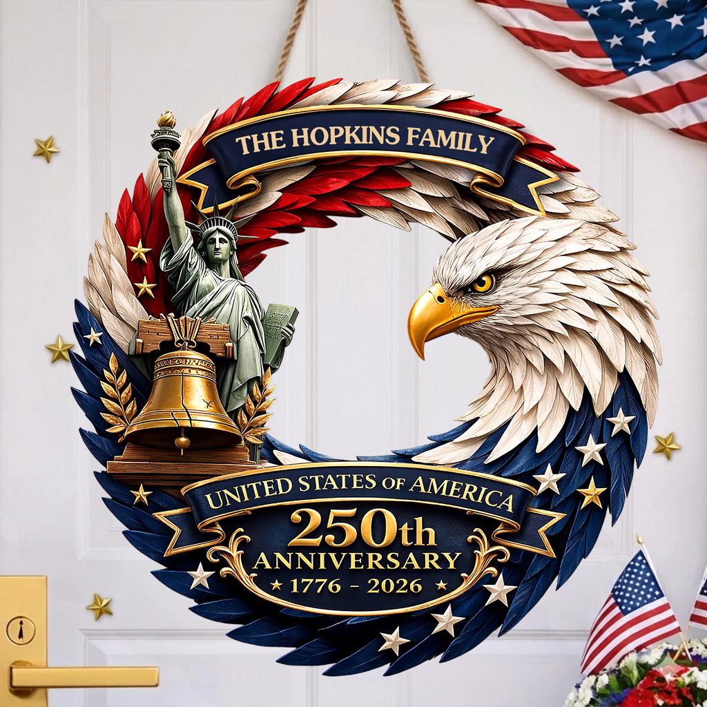 Personalized America 250th Anniversary Wreath 1776-2026 Patriotic Door Sign Custom Family Name Eagle Decor 4th of July Gift