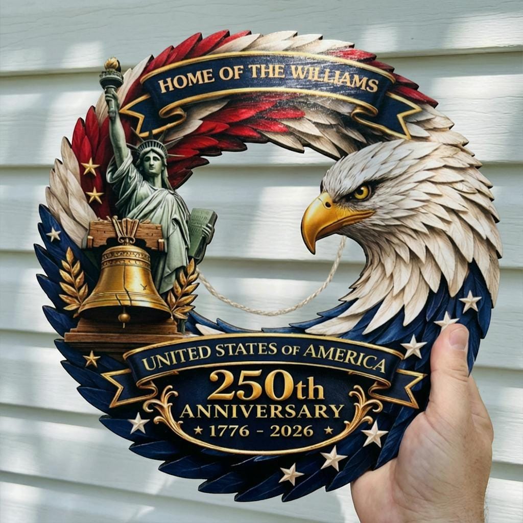 Personalized America 250th Anniversary Wreath 1776-2026 Patriotic Door Sign Custom Family Name Eagle Decor 4th of July Gift