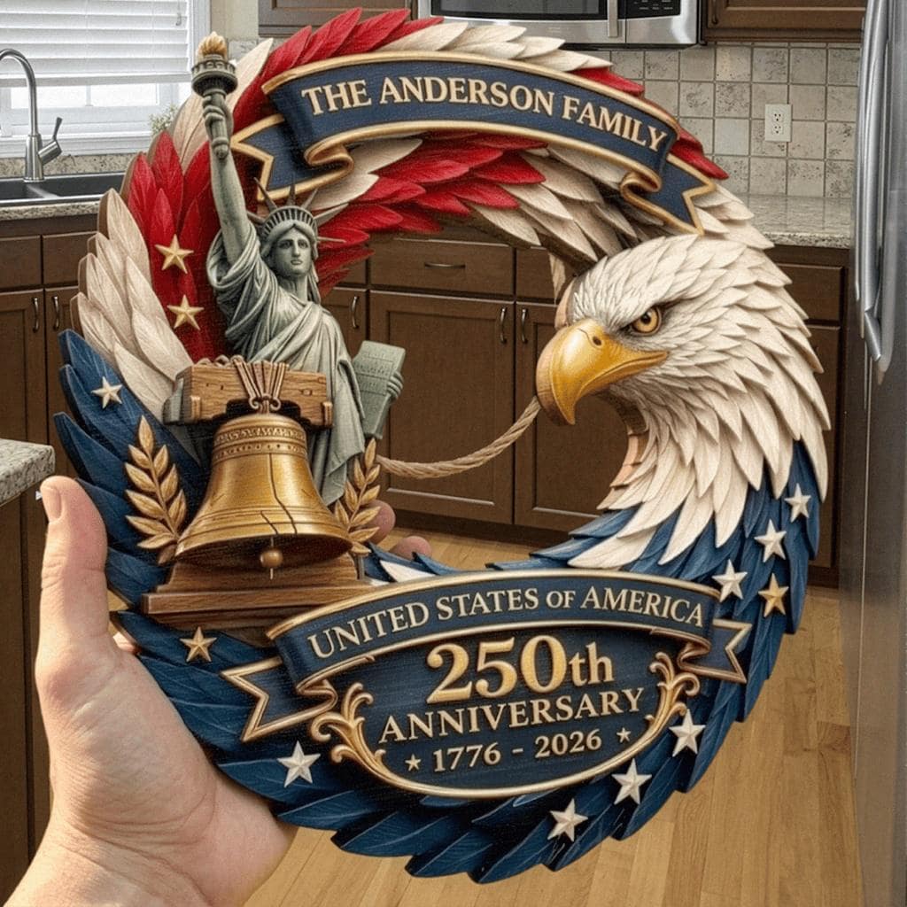 Personalized America 250th Anniversary Wreath 1776-2026 Patriotic Door Sign Custom Family Name Eagle Decor 4th of July Gift