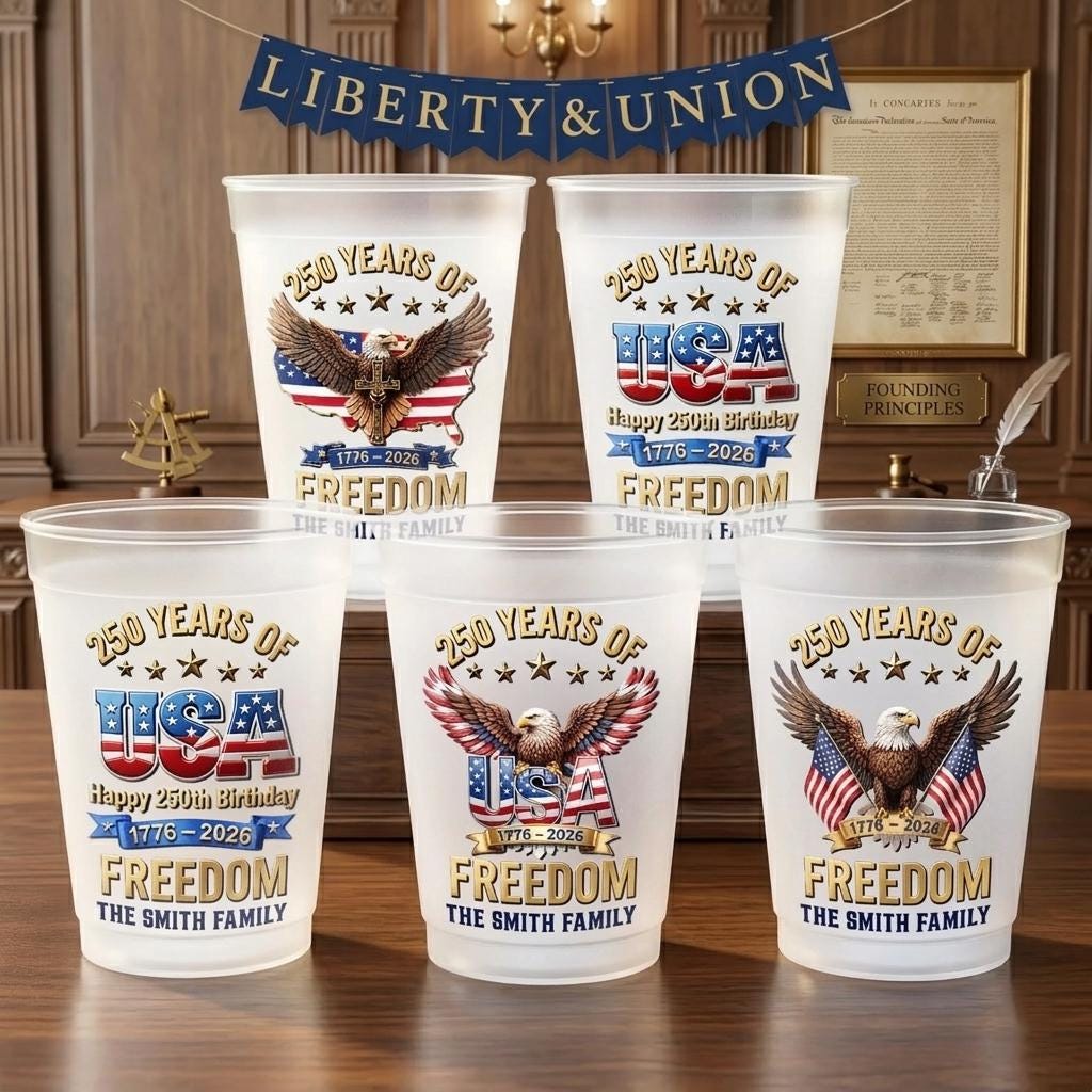 Custom 250th Anniversary Plastic Cups, Personalized 4th of July Party Cups, USA Freedom Family Name Cups, Independence Day Party Decor