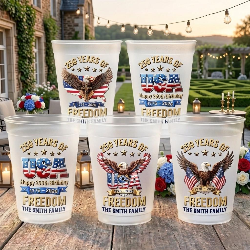 Custom 250th Anniversary Plastic Cups, Personalized 4th of July Party Cups, USA Freedom Family Name Cups, Independence Day Party Decor
