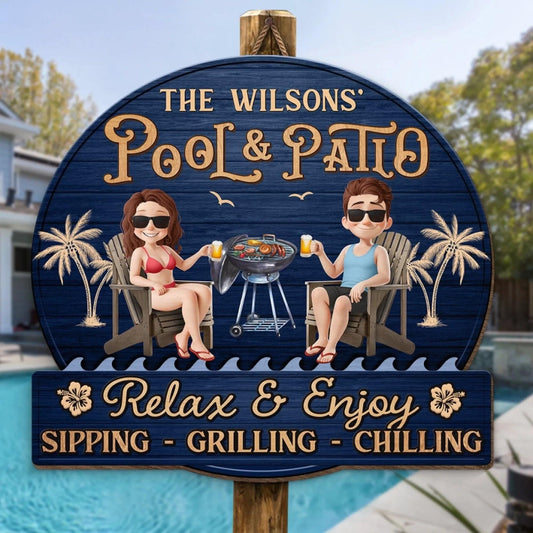 Custom Pool Patio Wood Sign, Personalized Couple Backyard Decor, Funny BBQ Grill Sign, Anniversary Gift for Husband Wife