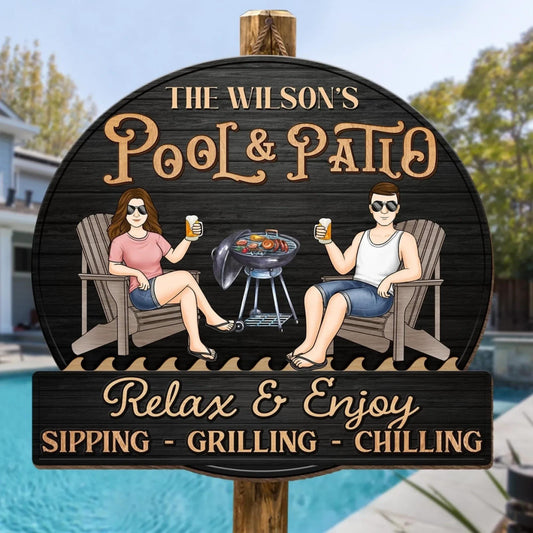Custom Pool Patio Wood Sign Personalized Couple Gift, Backyard Oasis Decor, Anniversary Gift for Husband Wife, Sipping Grilling Chilling