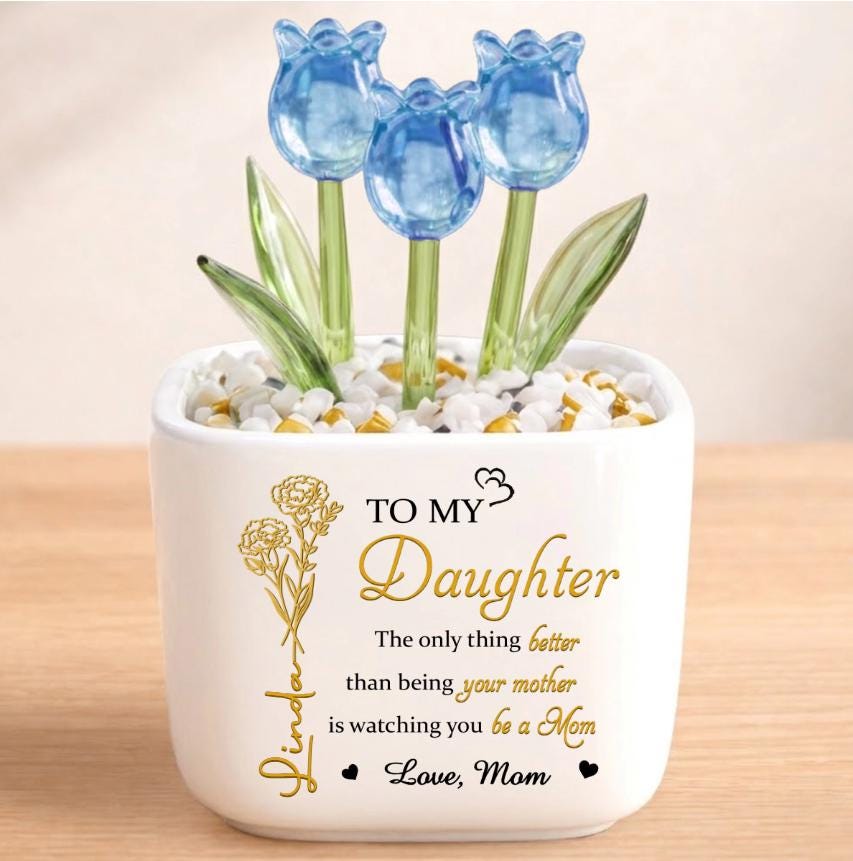 Custom Glass Tulip Gift Personalized Flower Pot for Mom Daughter, Everlasting Tulips Mother's Day Birthday Gift, Forever Love Decor