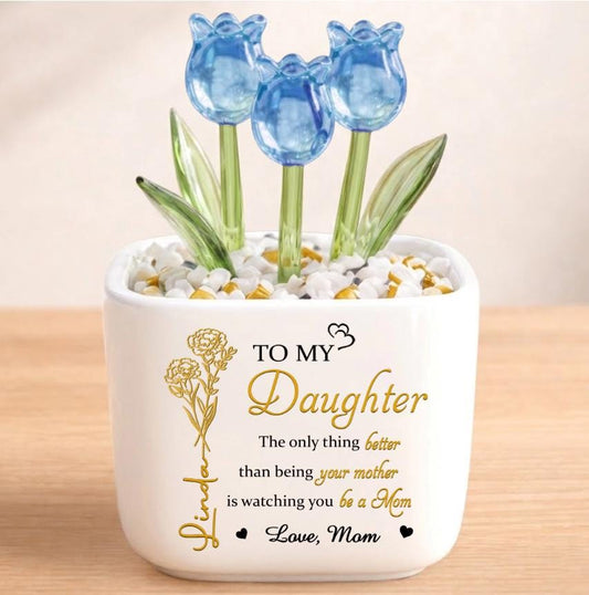 Custom Glass Tulip Gift Personalized Flower Pot for Mom Daughter, Everlasting Tulips Mother's Day Birthday Gift, Forever Love Decor