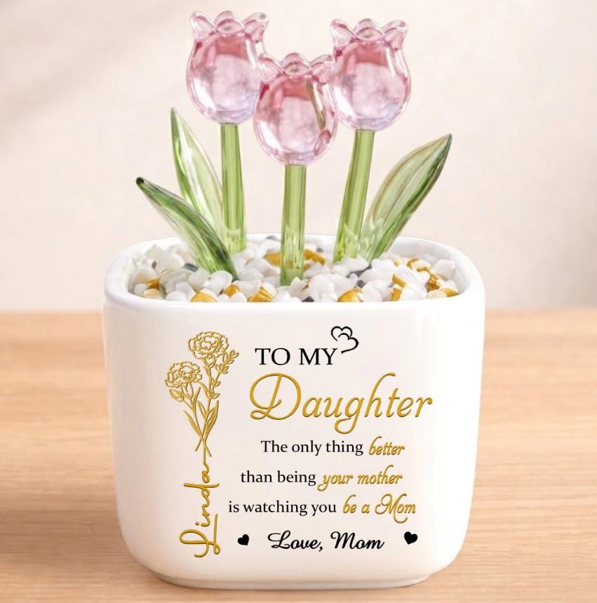Custom Glass Tulip Gift Personalized Flower Pot for Mom Daughter, Everlasting Tulips Mother's Day Birthday Gift, Forever Love Decor