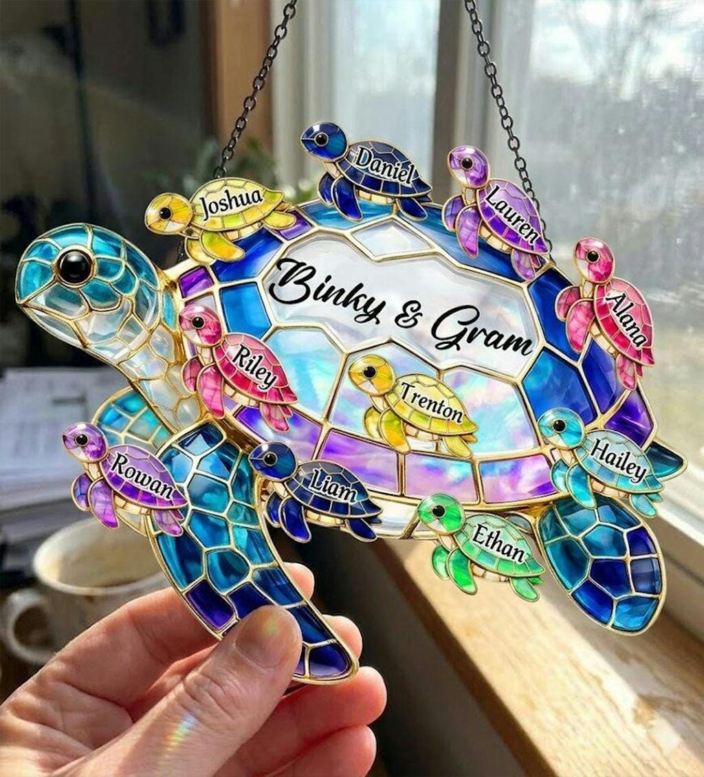 Personalized Turtle Suncatcher, Grandma Gift with Grandkids Names, Custom Window Hanging Ornament, Mothers Day Gift for Mom