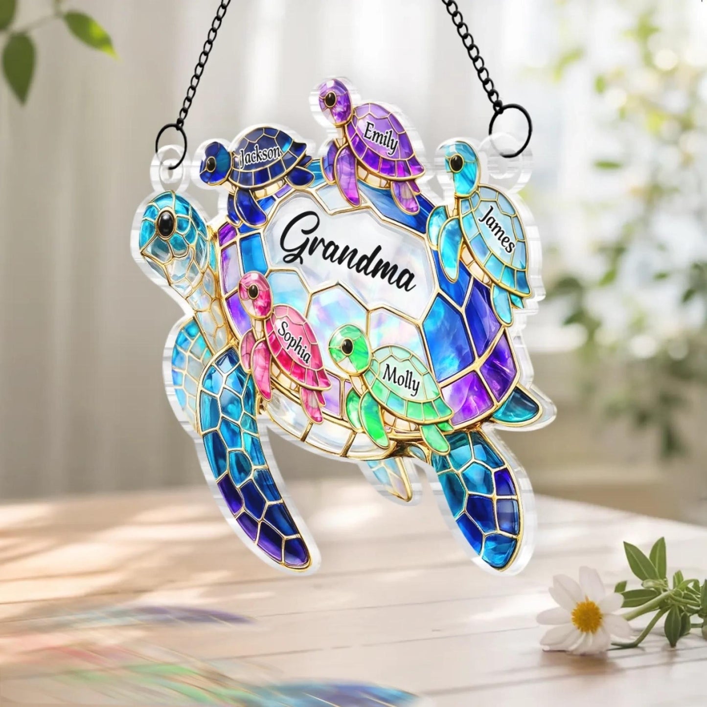 Personalized Turtle Suncatcher, Grandma Gift with Grandkids Names, Custom Window Hanging Ornament, Mothers Day Gift for Mom
