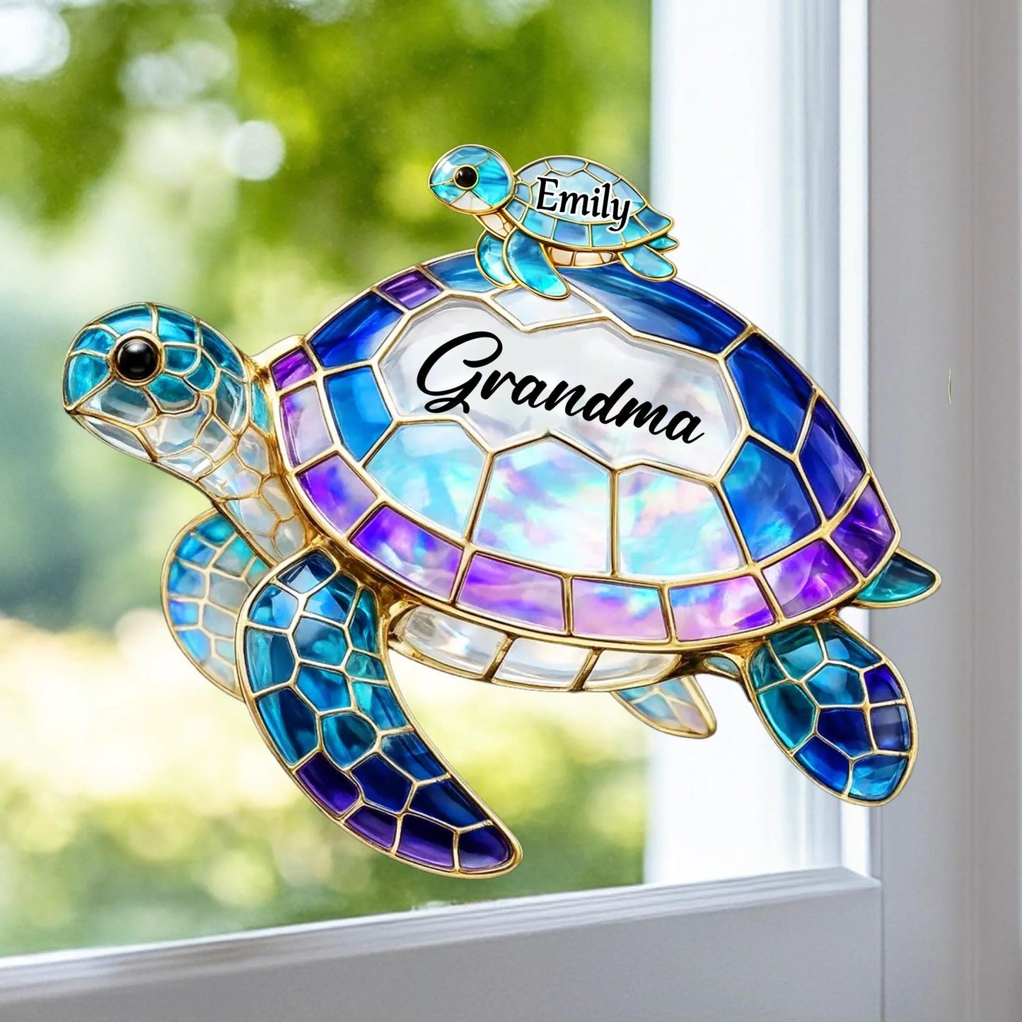 Personalized Turtle Suncatcher, Grandma Gift with Grandkids Names, Custom Window Hanging Ornament, Mothers Day Gift for Mom
