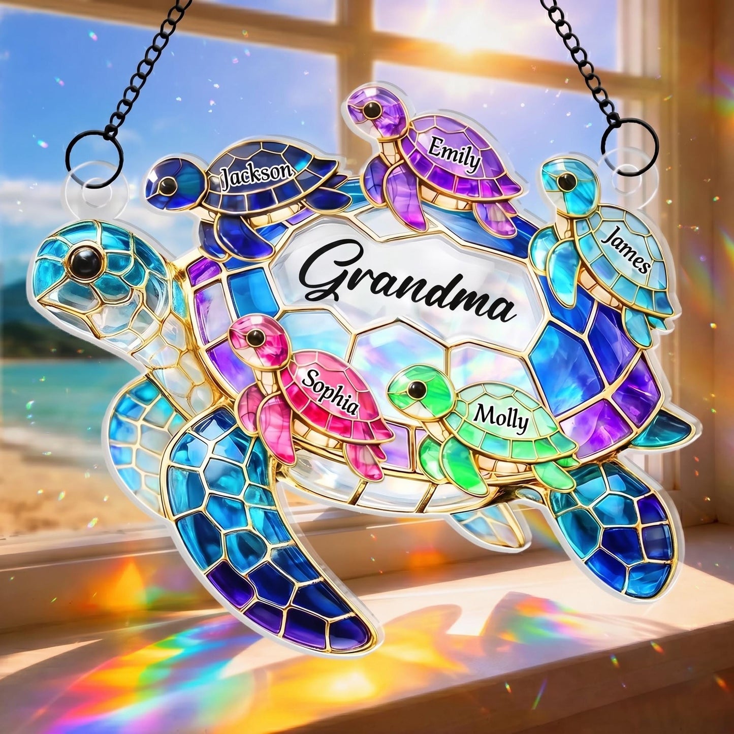 Personalized Turtle Suncatcher, Grandma Gift with Grandkids Names, Custom Window Hanging Ornament, Mothers Day Gift for Mom
