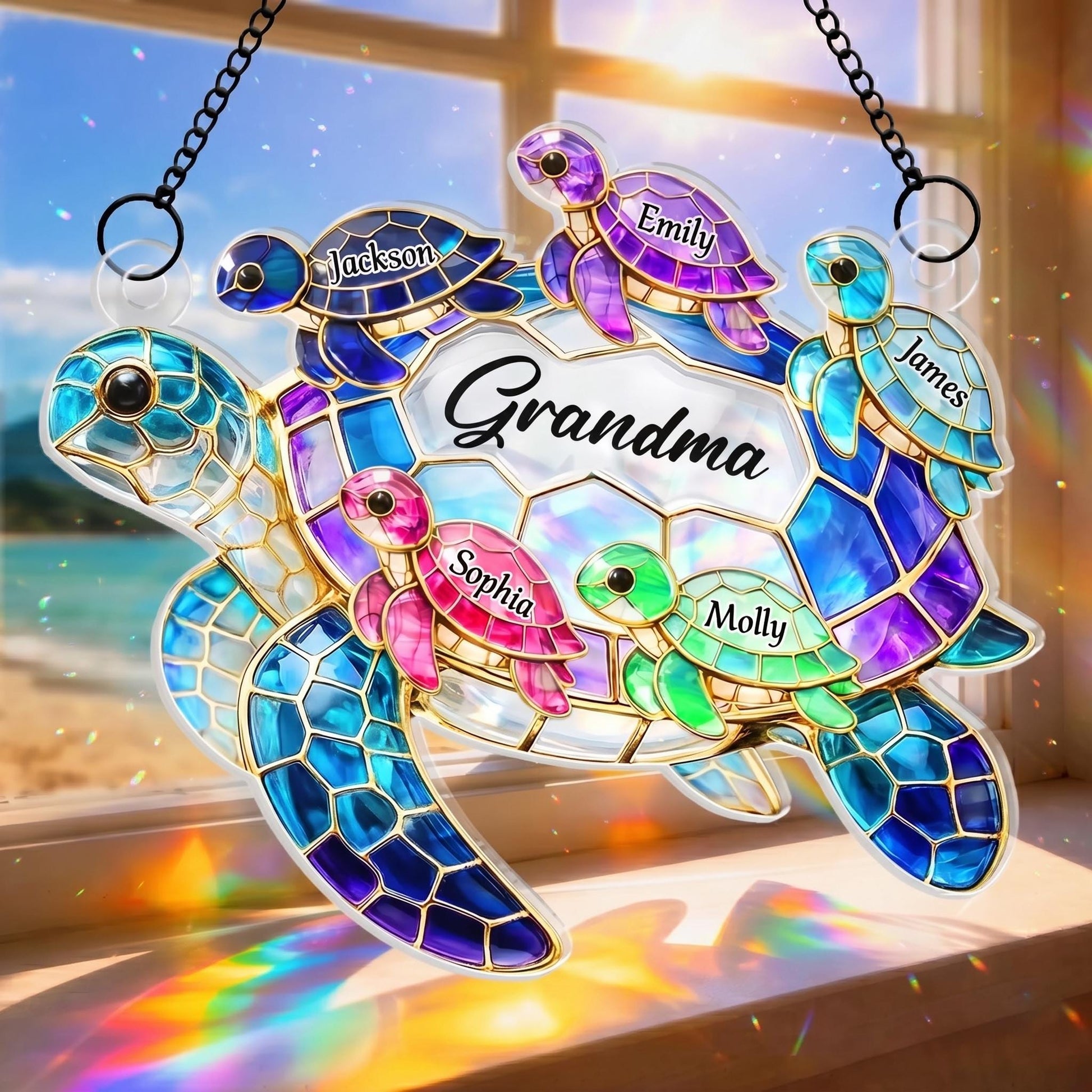Personalized Turtle Suncatcher, Grandma Gift with Grandkids Names, Custom Window Hanging Ornament, Mothers Day Gift for Mom