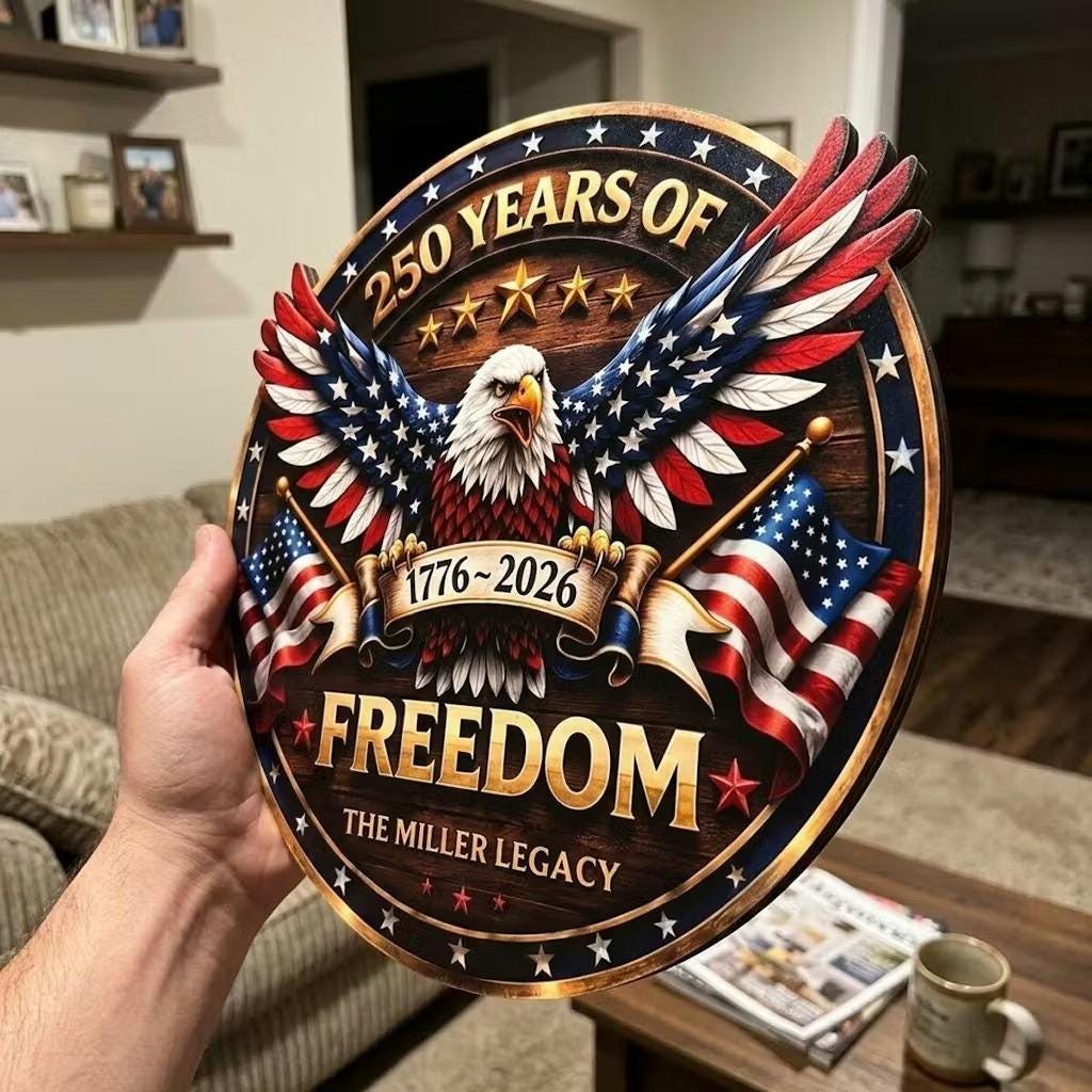 Custom Wood Sign Personalized America 250 Years Anniversary 1776-2026, Patriotic Eagle Door Sign, 4th of July Decor, Family Name Gift