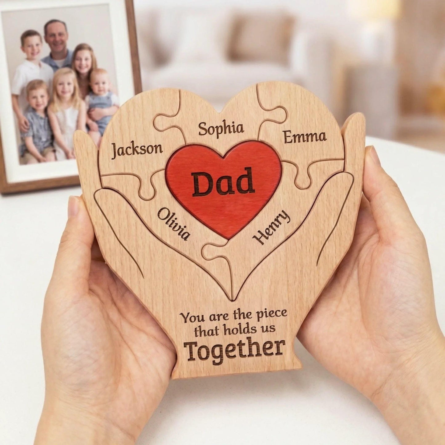Personalized Wooden Puzzle for Dad, Custom Family Name Sign, Fathers Day Gift from Kids, Grandpa Gift, You Hold Us Together