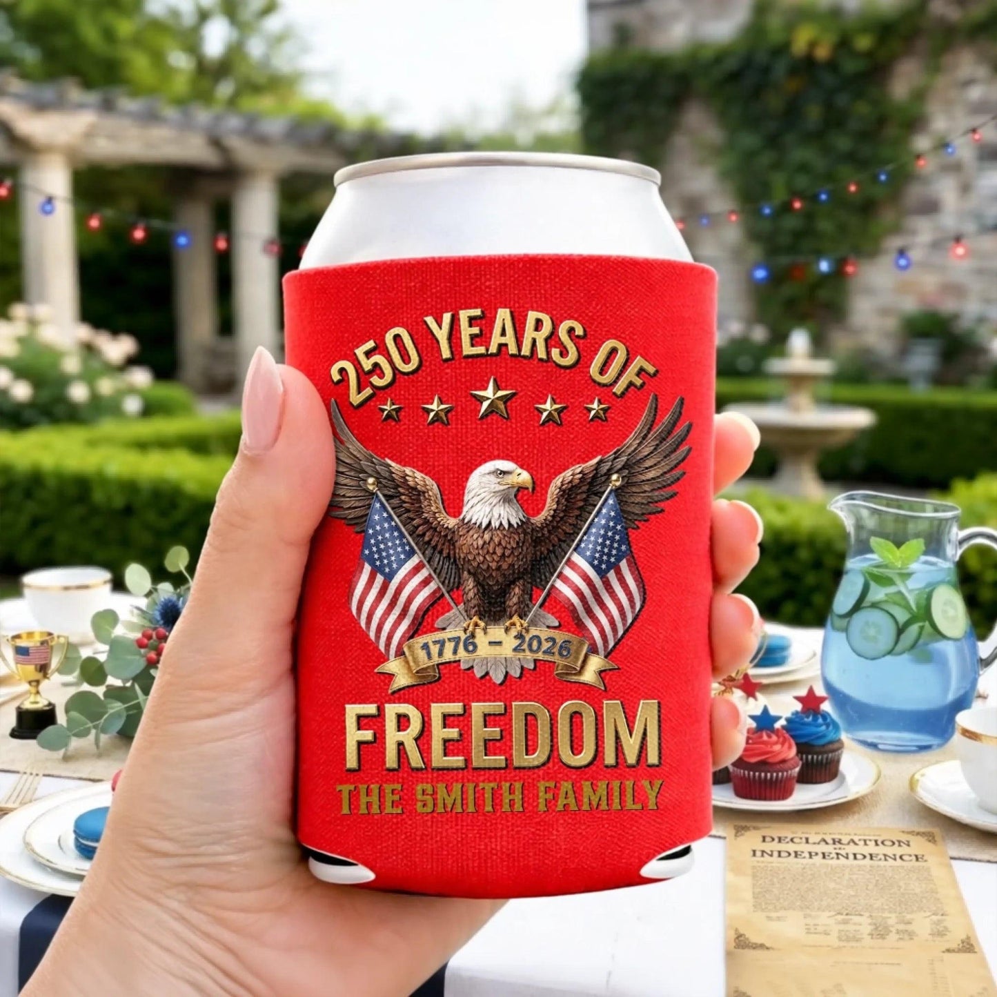 Personalized Can Cooler Sleeve 250th Anniversary USA, Custom Family Name Beer Koozie, Patriotic Freedom Gift 4th of July 2026