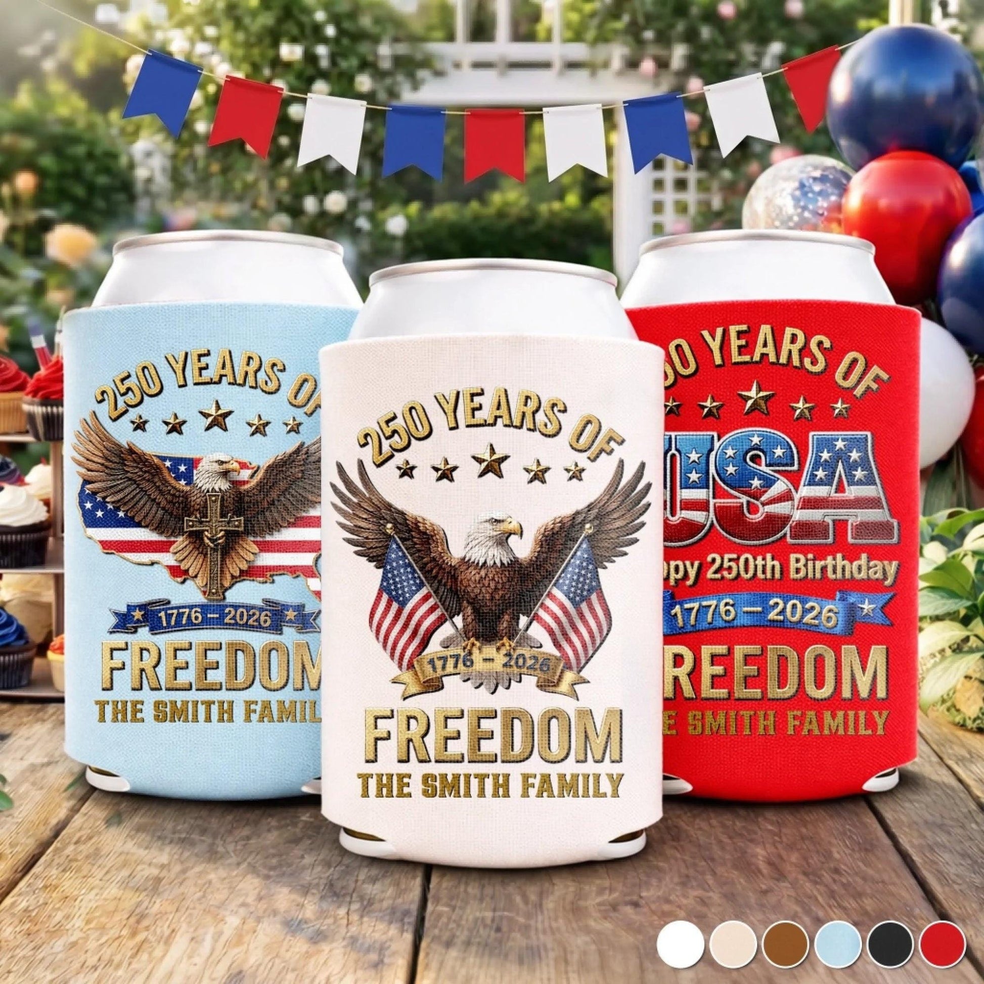 Personalized Can Cooler Sleeve 250th Anniversary USA, Custom Family Name Beer Koozie, Patriotic Freedom Gift 4th of July 2026