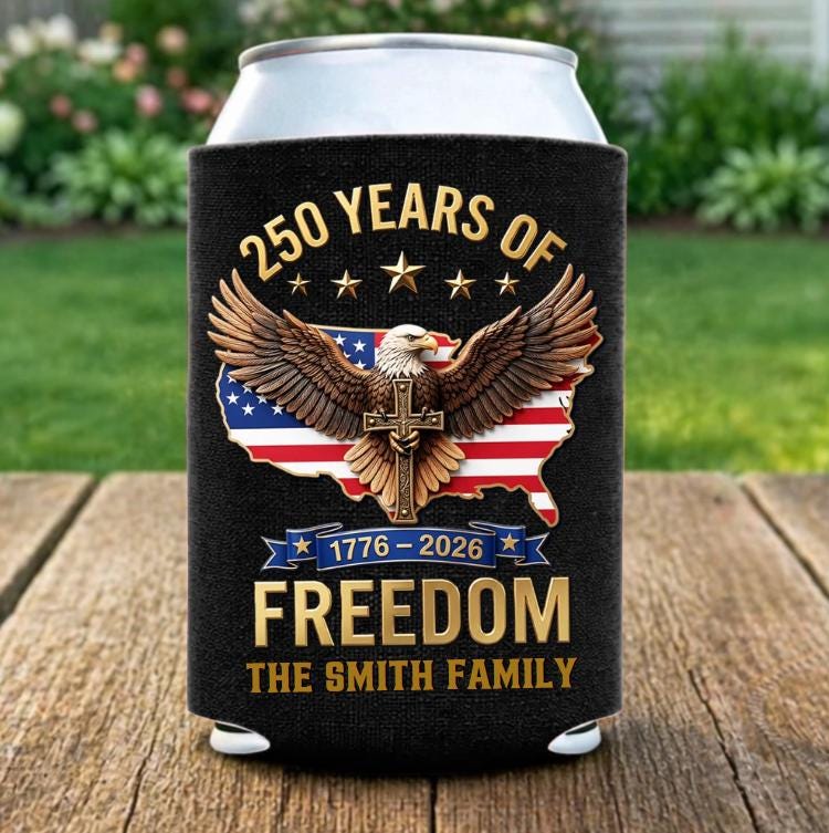 Personalized Can Cooler Sleeve 250th Anniversary USA, Custom Family Name Beer Koozie, Patriotic Freedom Gift 4th of July 2026