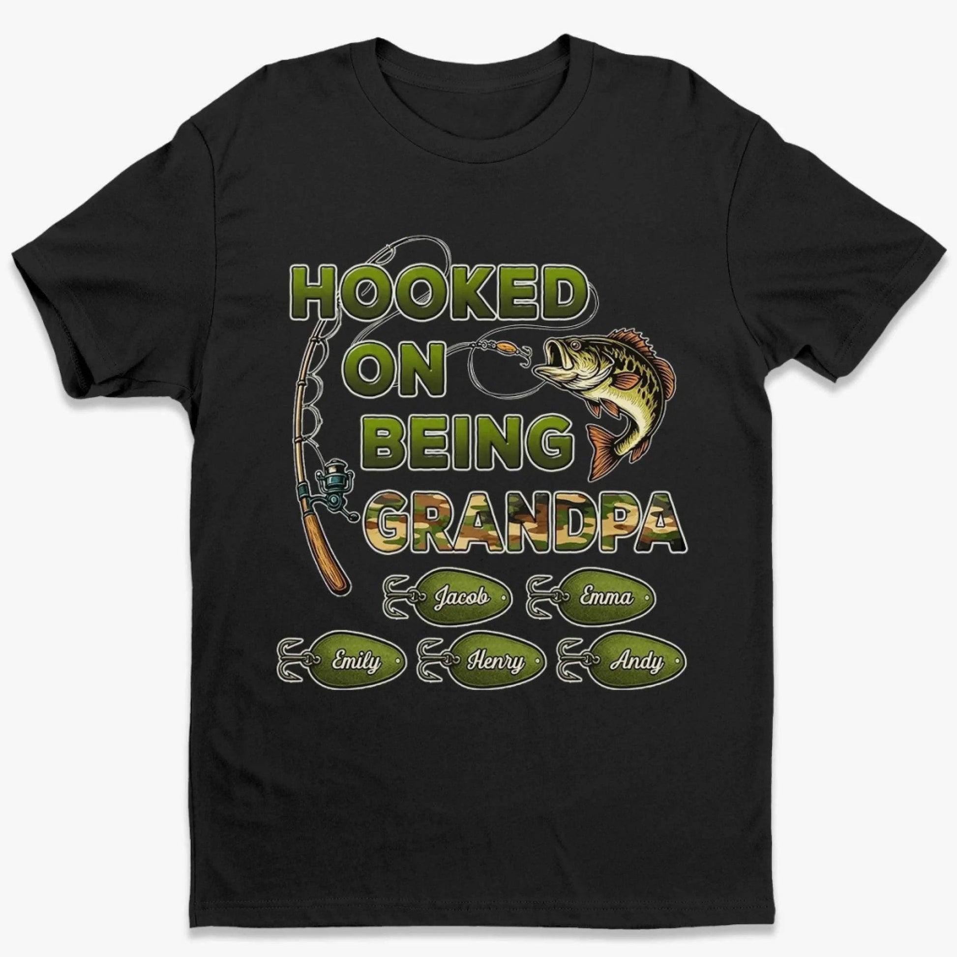 Personalized Grandpa Fishing Shirt, Hooked On Being Grandpa Tee, Custom Kids Names T Shirt, Gift For Grandpa Fisherman Fathers Day