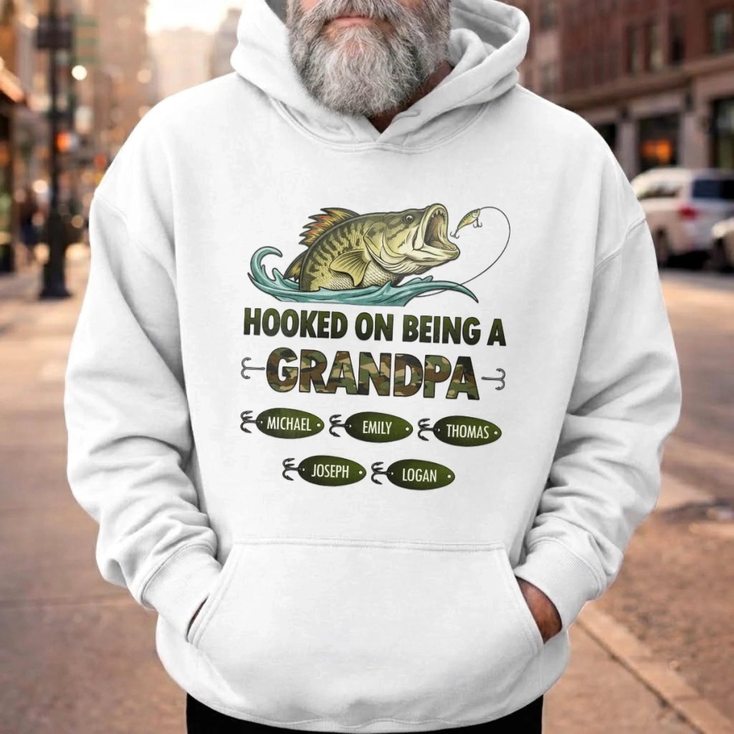 Personalized Grandpa Fishing Shirt, Hooked On Being A Grandpa Tee, Custom Kids Names Shirt, Fathers Day Gift For Grandpa Fisherman
