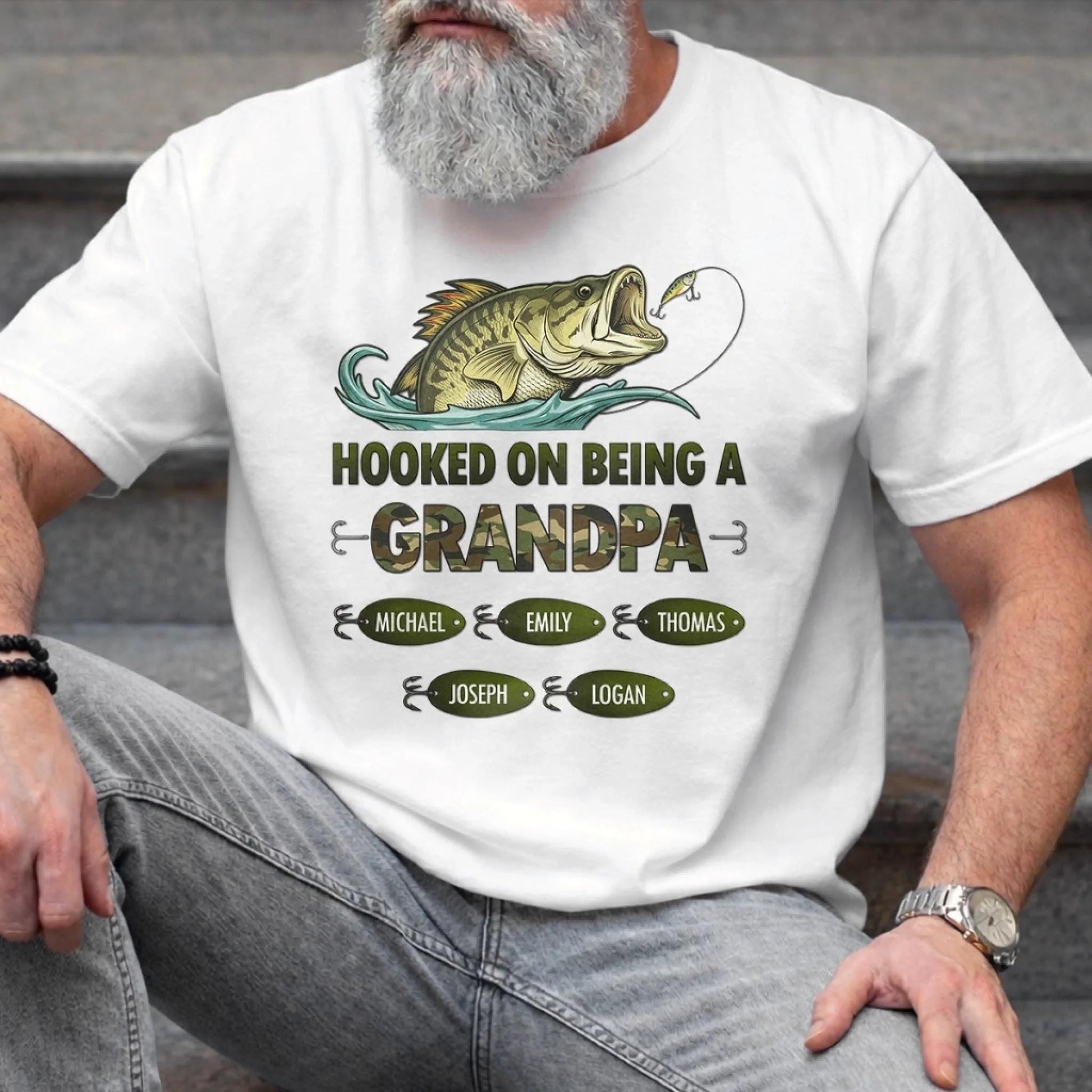 Personalized Grandpa Fishing Shirt, Hooked On Being A Grandpa Tee, Custom Kids Names Shirt, Fathers Day Gift For Grandpa Fisherman