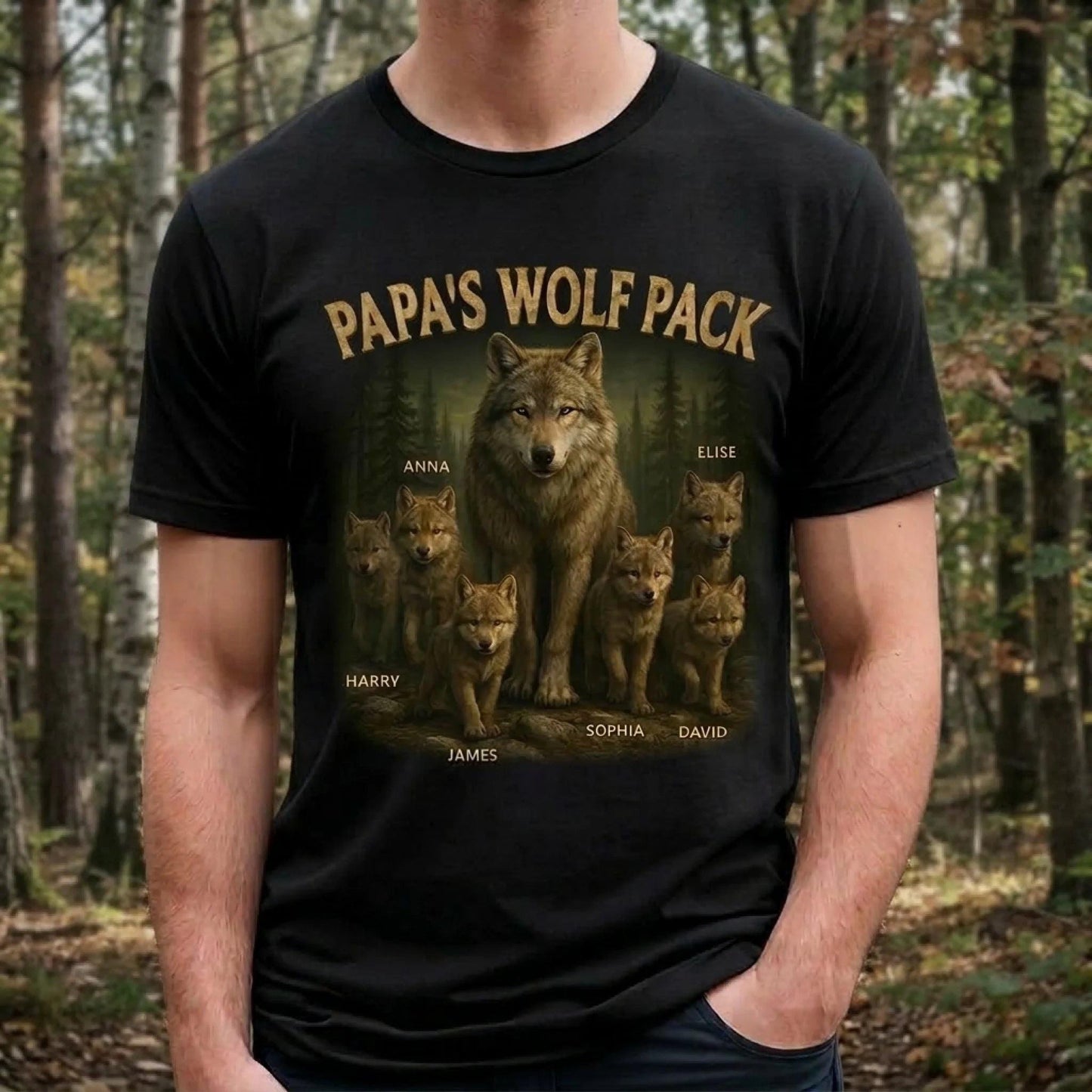 Personalized Papa Wolf Pack Shirt, Custom Dad Grandpa Gift From Kids, Family Names Shirt, Fathers Day Gift For Dad Birthday Tee