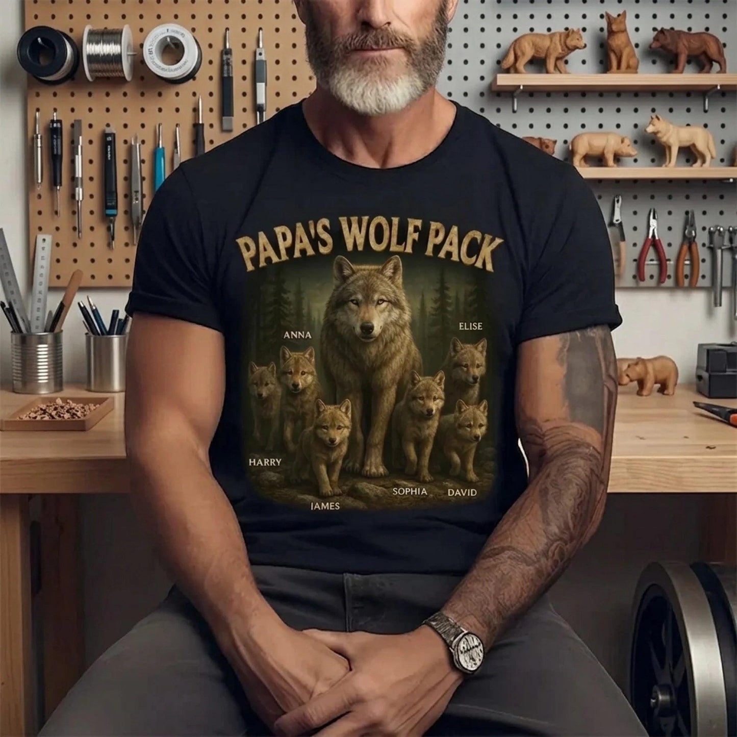 Personalized Papa Wolf Pack Shirt, Custom Dad Grandpa Gift From Kids, Family Names Shirt, Fathers Day Gift For Dad Birthday Tee