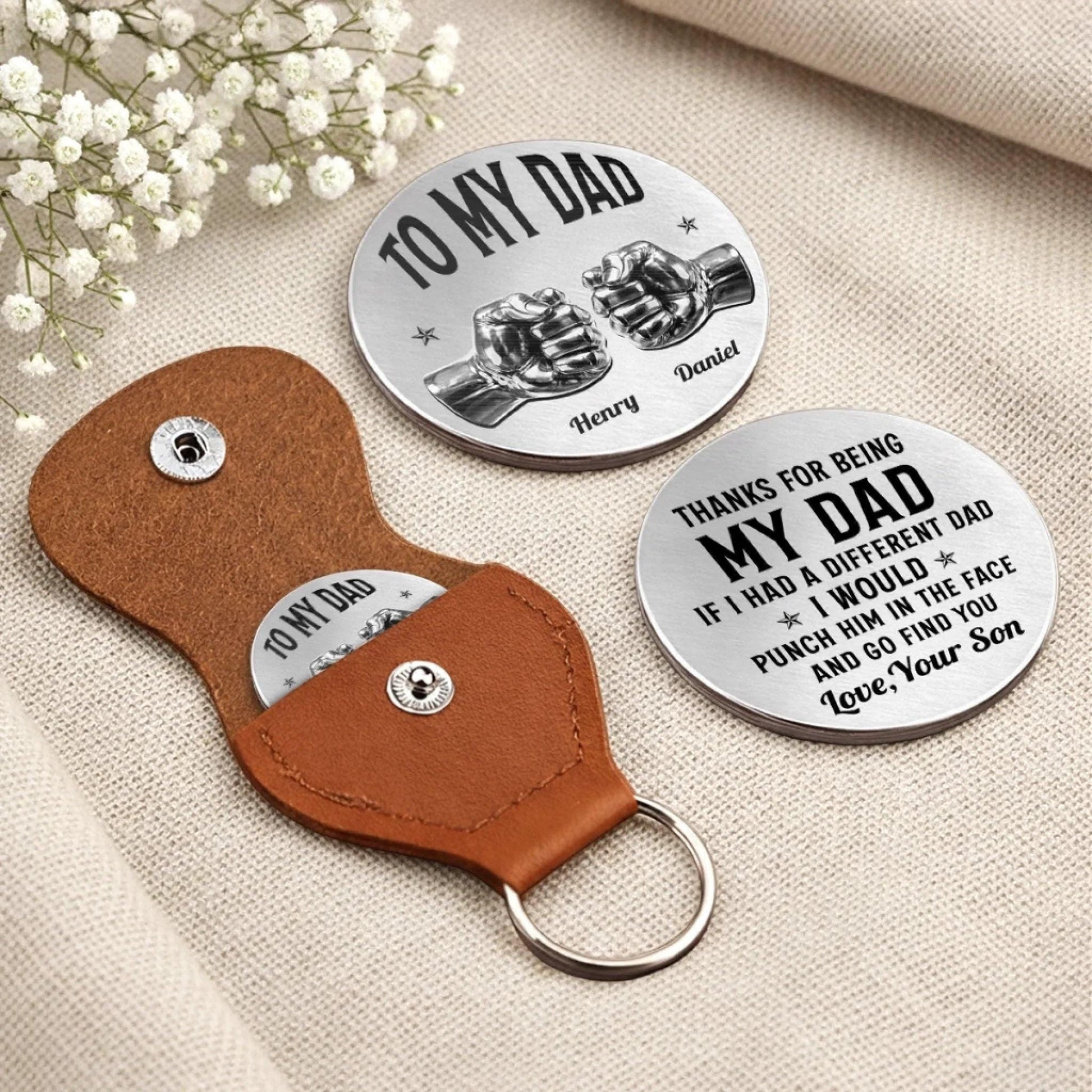 Pocket Hug for Dad from Son, Personalized Dad Gift, Fathers Day Gift Dad Birthday Gift, Small Keepsake Token in Leather Keychain