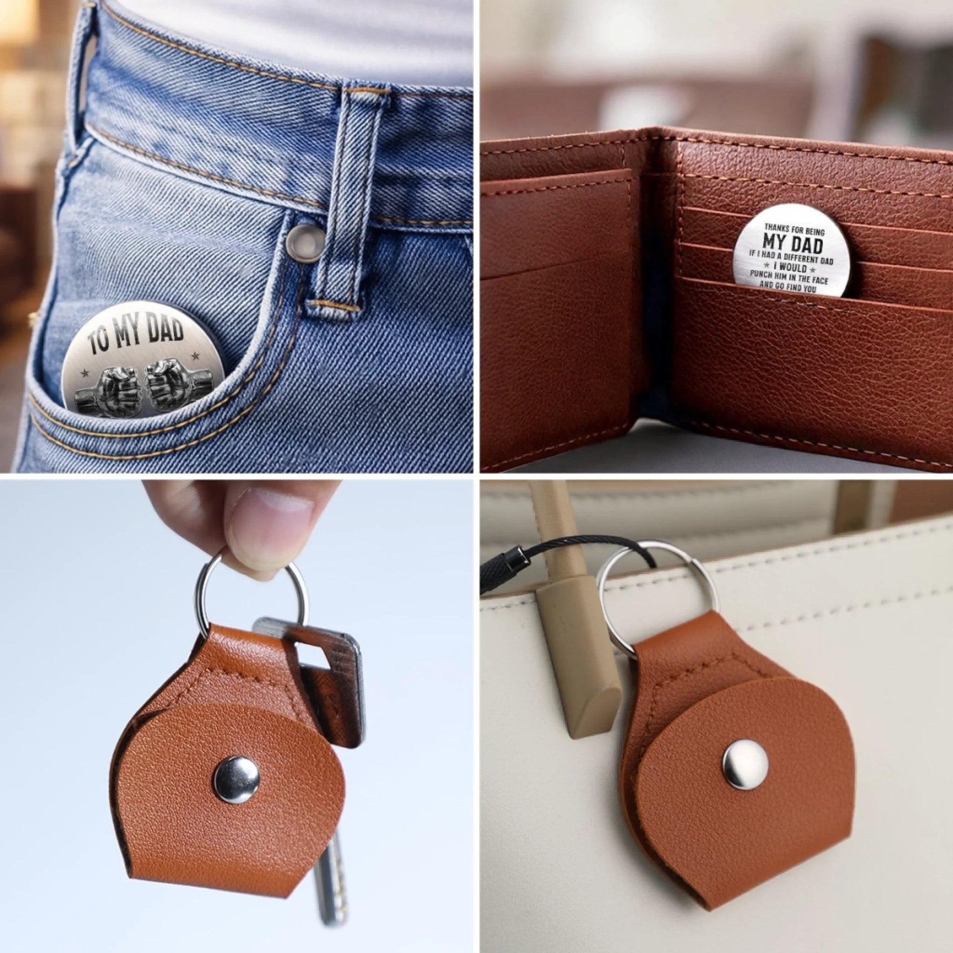 Pocket Hug for Dad from Son, Personalized Dad Gift, Fathers Day Gift Dad Birthday Gift, Small Keepsake Token in Leather Keychain