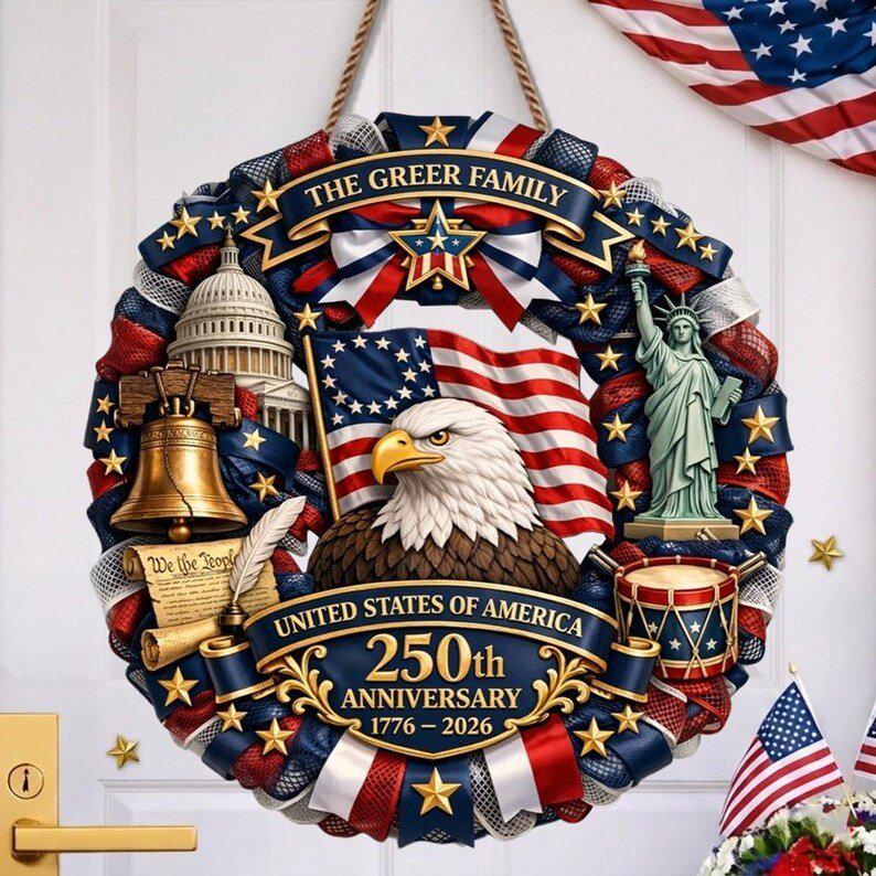 Patriotic Wreath USA 250th Anniversary 1776-2026, American Eagle Door Hanger, Semiquincentennial Decor, Custom Family Front Door Decor